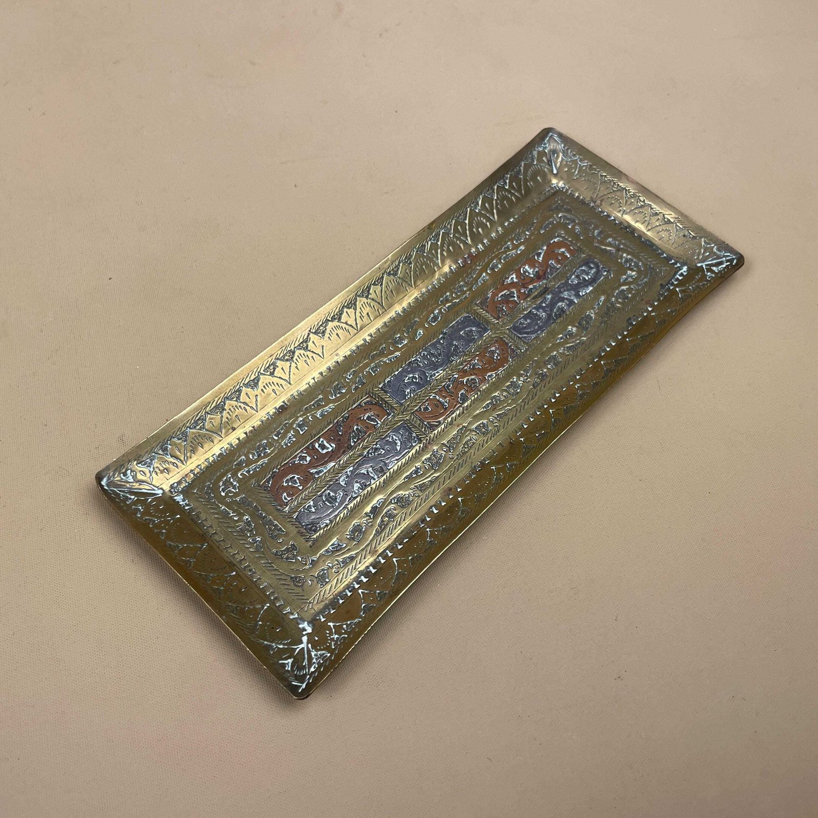 Antique Metal Gold Indian Patterned Brass Tray 17.5x7.1cm Asian Handmade Etched Intricate Decorative Patterned Small Rectangle Vintage photo Home Decor