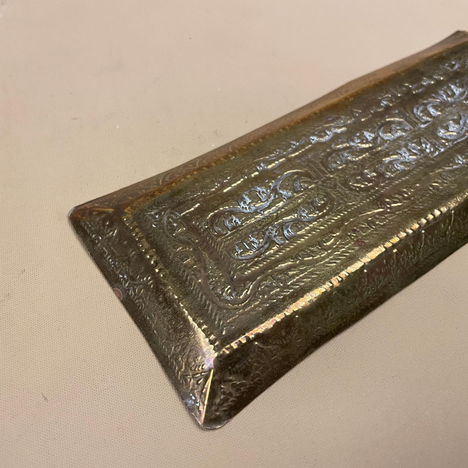 Antique Metal Gold Indian Patterned Brass Tray 17.5x7.1cm Asian Handmade Etched Intricate Decorative Patterned Small Rectangle Vintage photo vintage