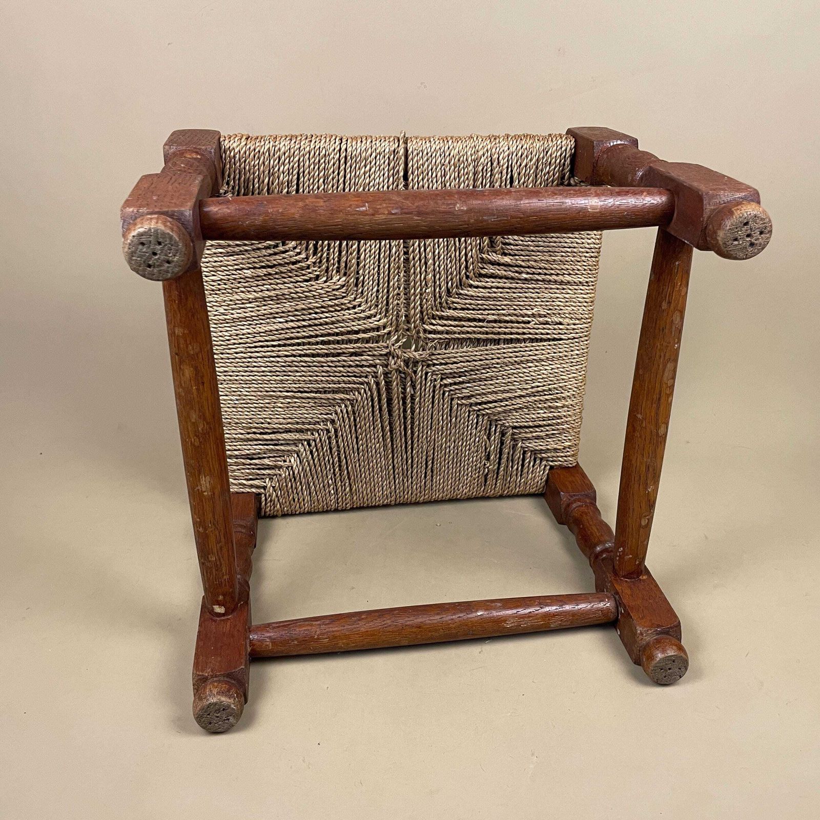 Furniture Antique Wooden Foot Stool Woven String Wood Cottage Furniture Square Brown Hallway Seat 28x33x33cm Footstool Bench Natural Rush Seat photo