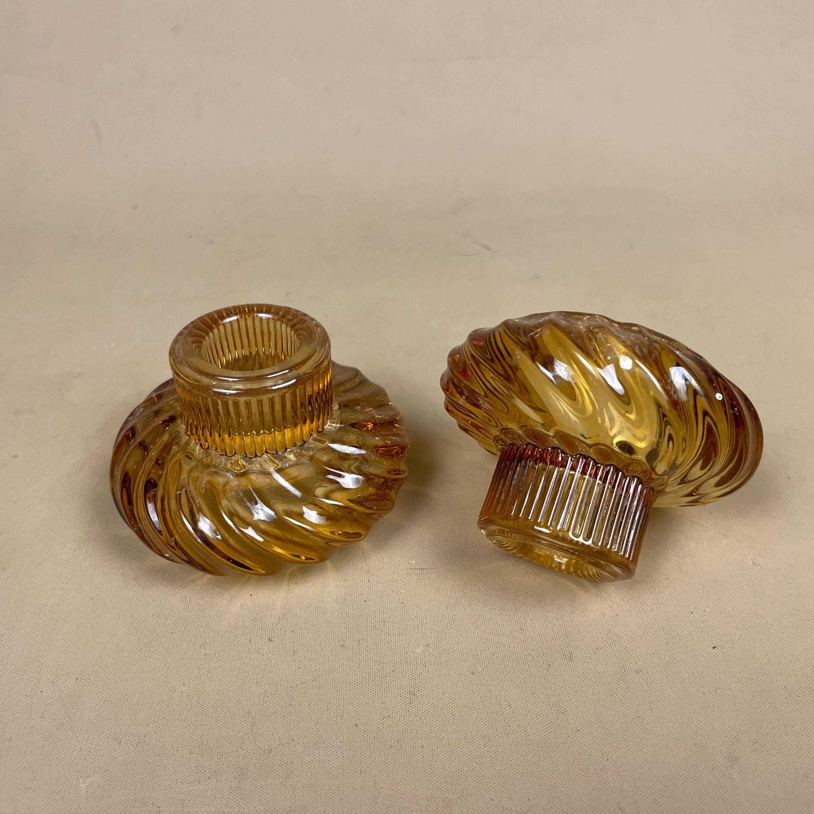Vintage Pair Of Matching Amber Glass Candlestick Candle Stick Holder Lights Vintage Taper Dinner Candlesticks Round Base Tea Light Holders photo for sale