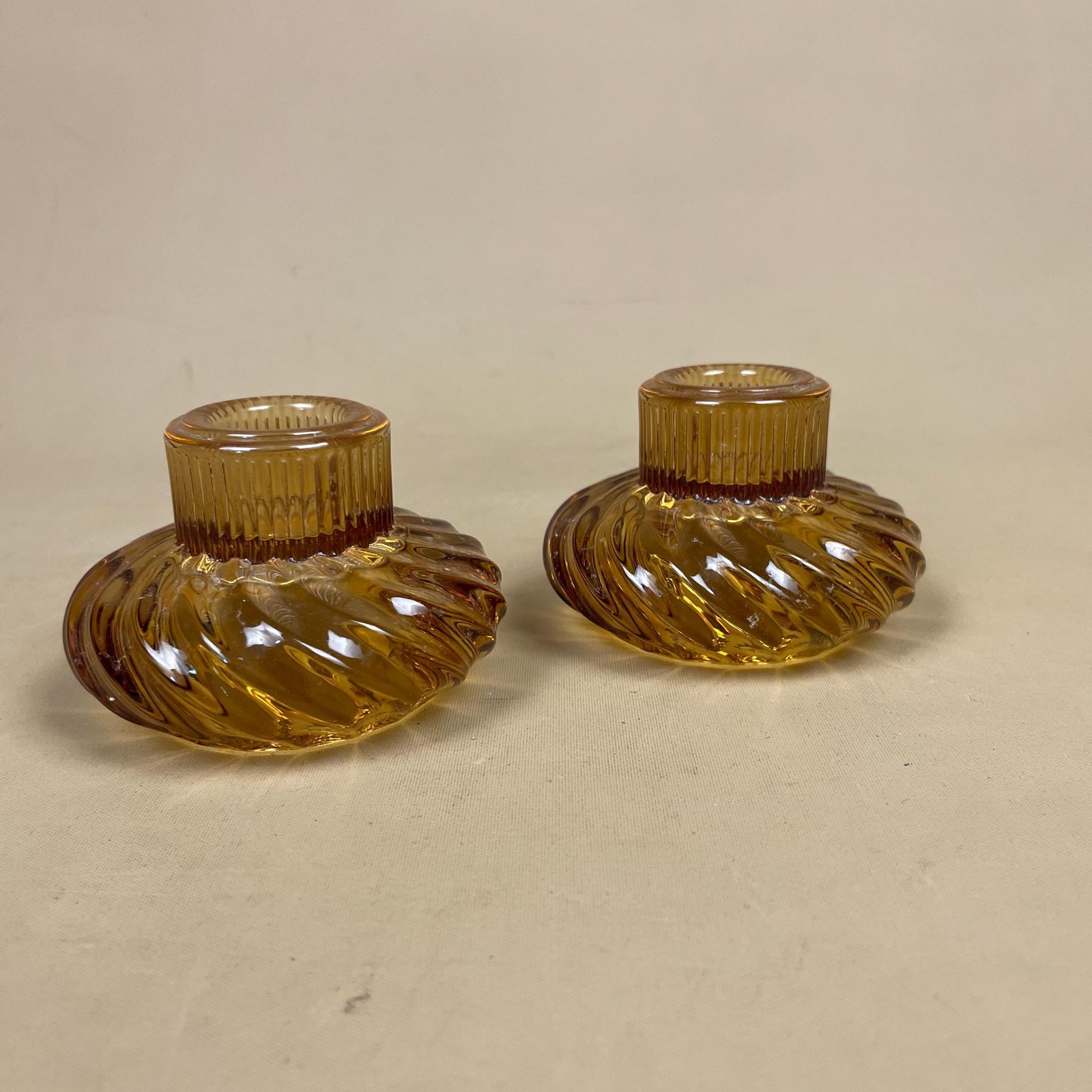 Vintage Pair Of Matching Amber Glass Candlestick Candle Stick Holder Lights Vintage Taper Dinner Candlesticks Round Base Tea Light Holders photo Home Decor
