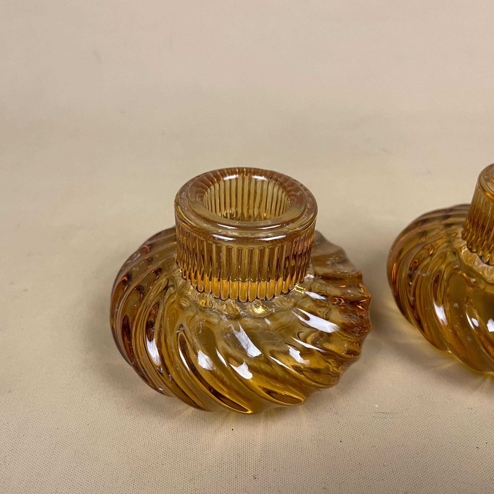 Vintage Pair Of Matching Amber Glass Candlestick Candle Stick Holder Lights Vintage Taper Dinner Candlesticks Round Base Tea Light Holders photo vinterior
