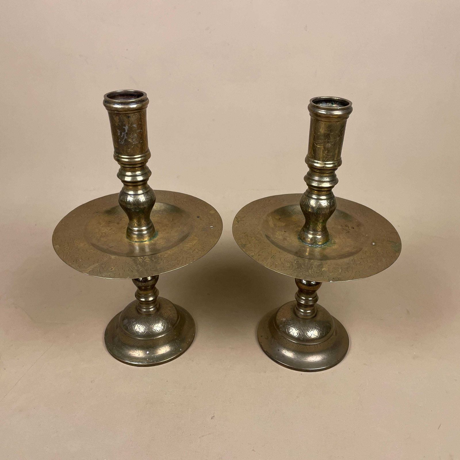 Antique Matching Pair Of Gold Brass Metal Candlestick Candle Stick Holders Holder Vintage Round Taper Dinner Candlesticks Engraved Indian