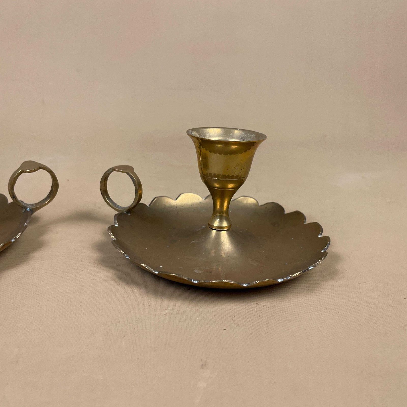 Pair Of Antique Gold Brass Metal Candlestick Chamber Candle Stick Holder Handle Round Base Vintage Round Handle Taper Scalloped Candles photo 55.0