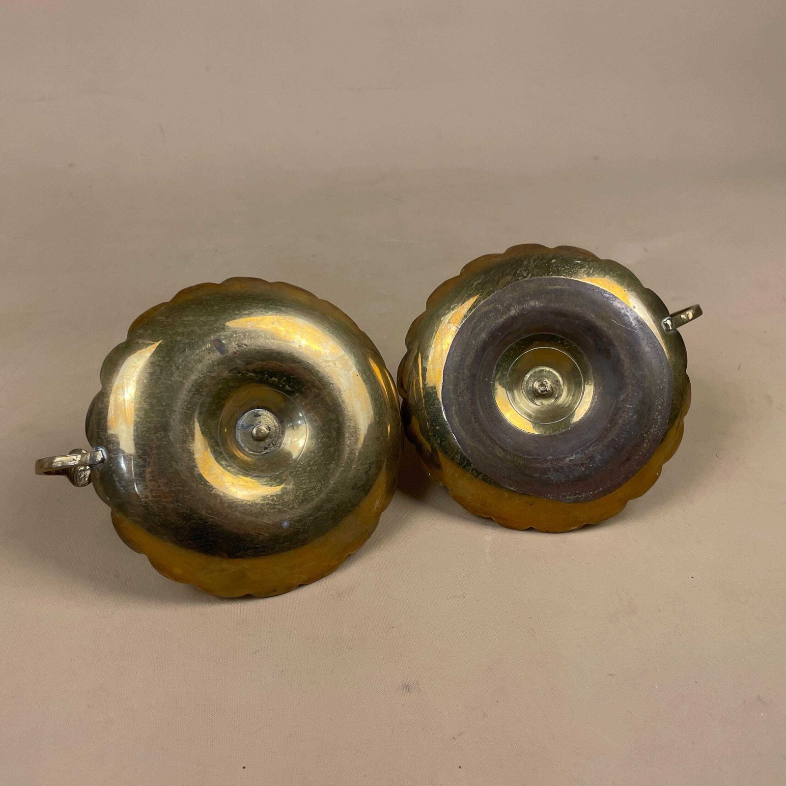 Pair Of Antique Gold Brass Metal Candlestick Chamber Candle Stick Holder Handle Round Base Vintage Round Handle Taper Scalloped Candles photo vintage