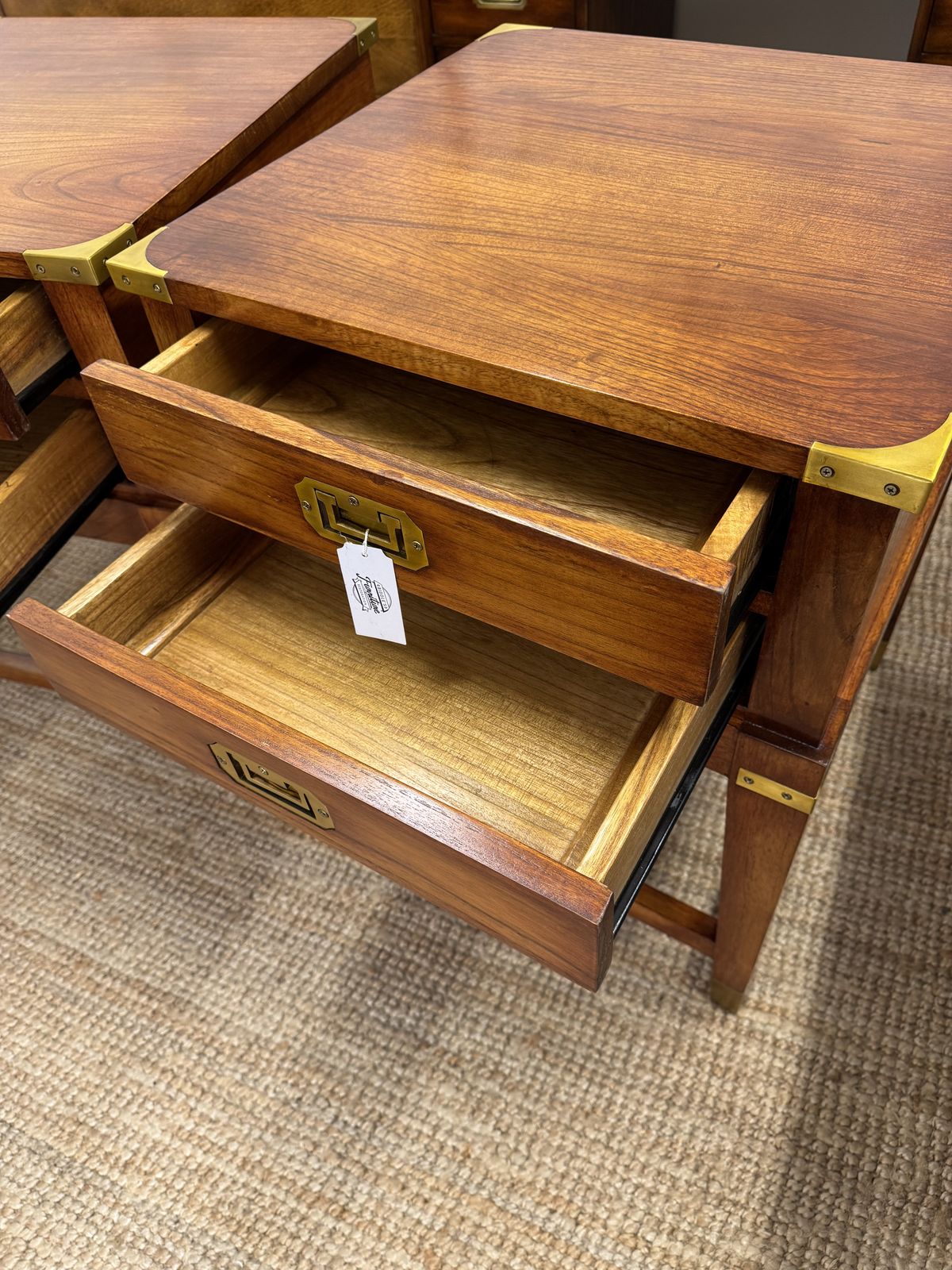 1650.0 Pair Of Campaign Style Hardwood Bedside Tables photo