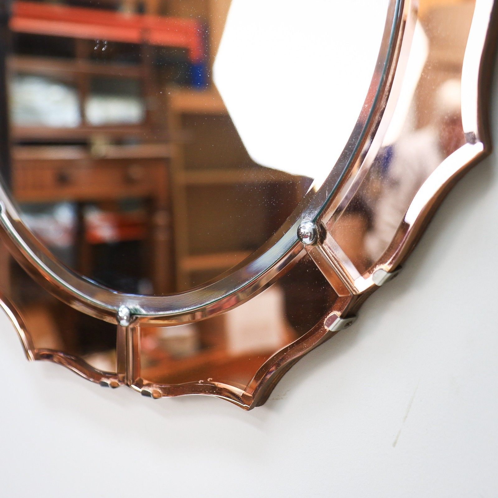 Art Deco Wall Mirror Round With Petal Shaped Bevelled Edge photo vintage