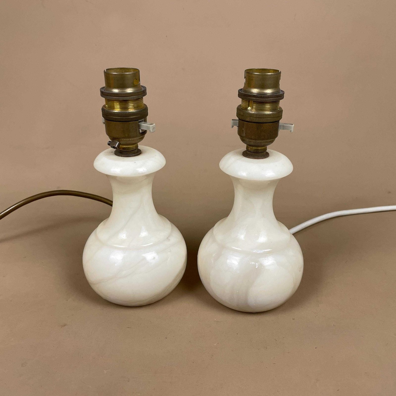 photo for sale Onyx Marble Table Lamps Pair Yellow Shades Retro Bedside Lighting Alabaster Base Mid Century Decor Small Matching Lamp Set