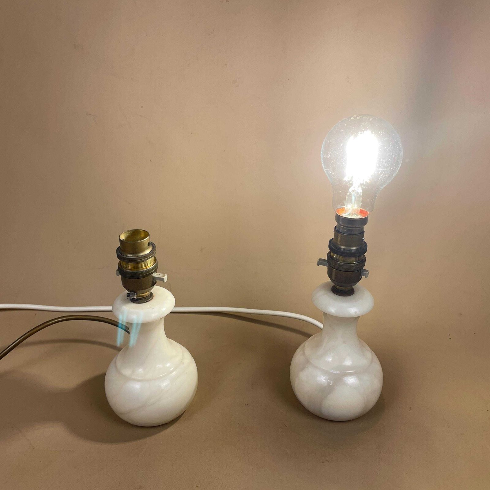 photo buy Onyx Marble Table Lamps Pair Yellow Shades Retro Bedside Lighting Alabaster Base Mid Century Decor Small Matching Lamp Set