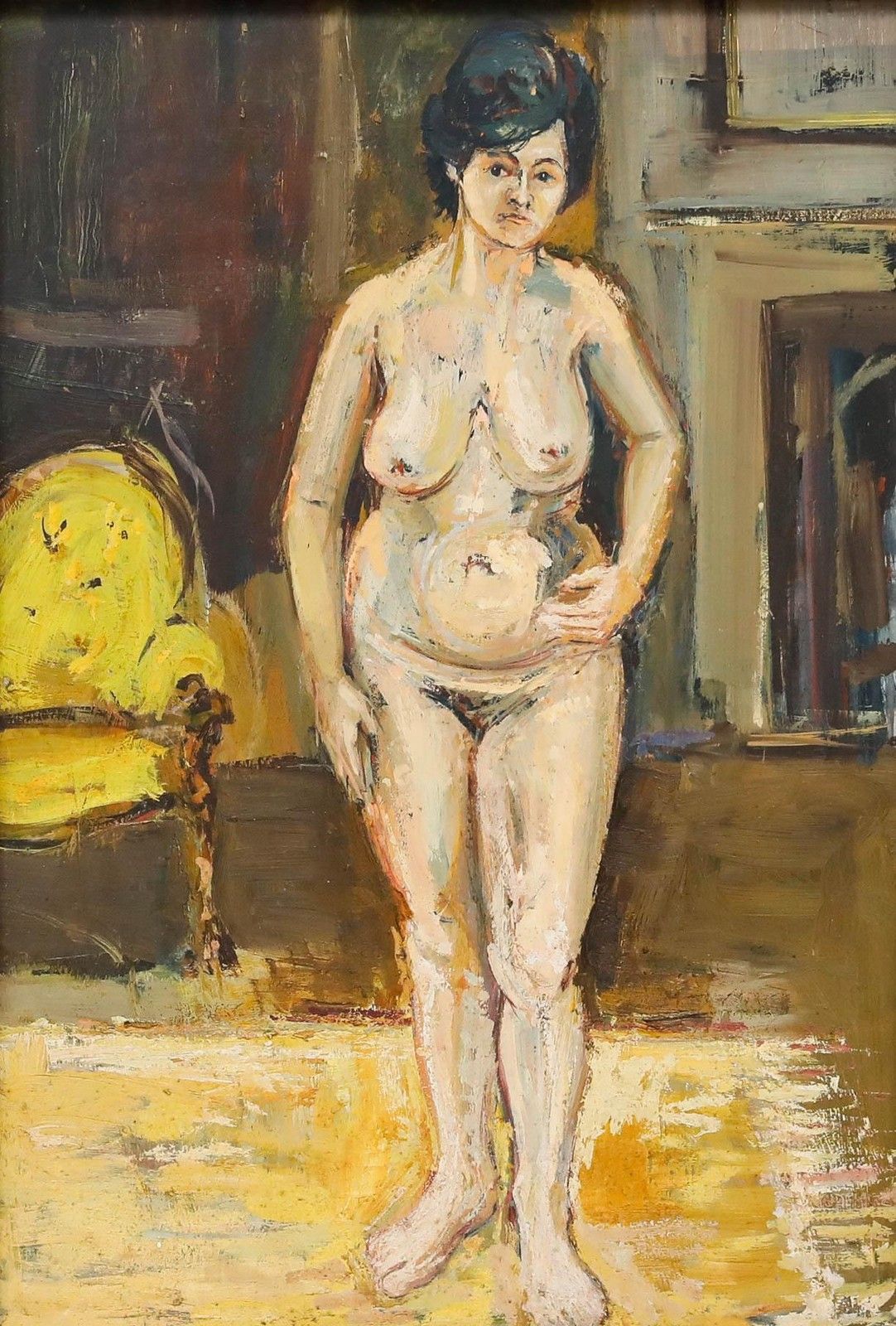 Frederick England (B.1939) Framed Mid 20th Century Oil, Ann & The Yellow Chair photo furniture