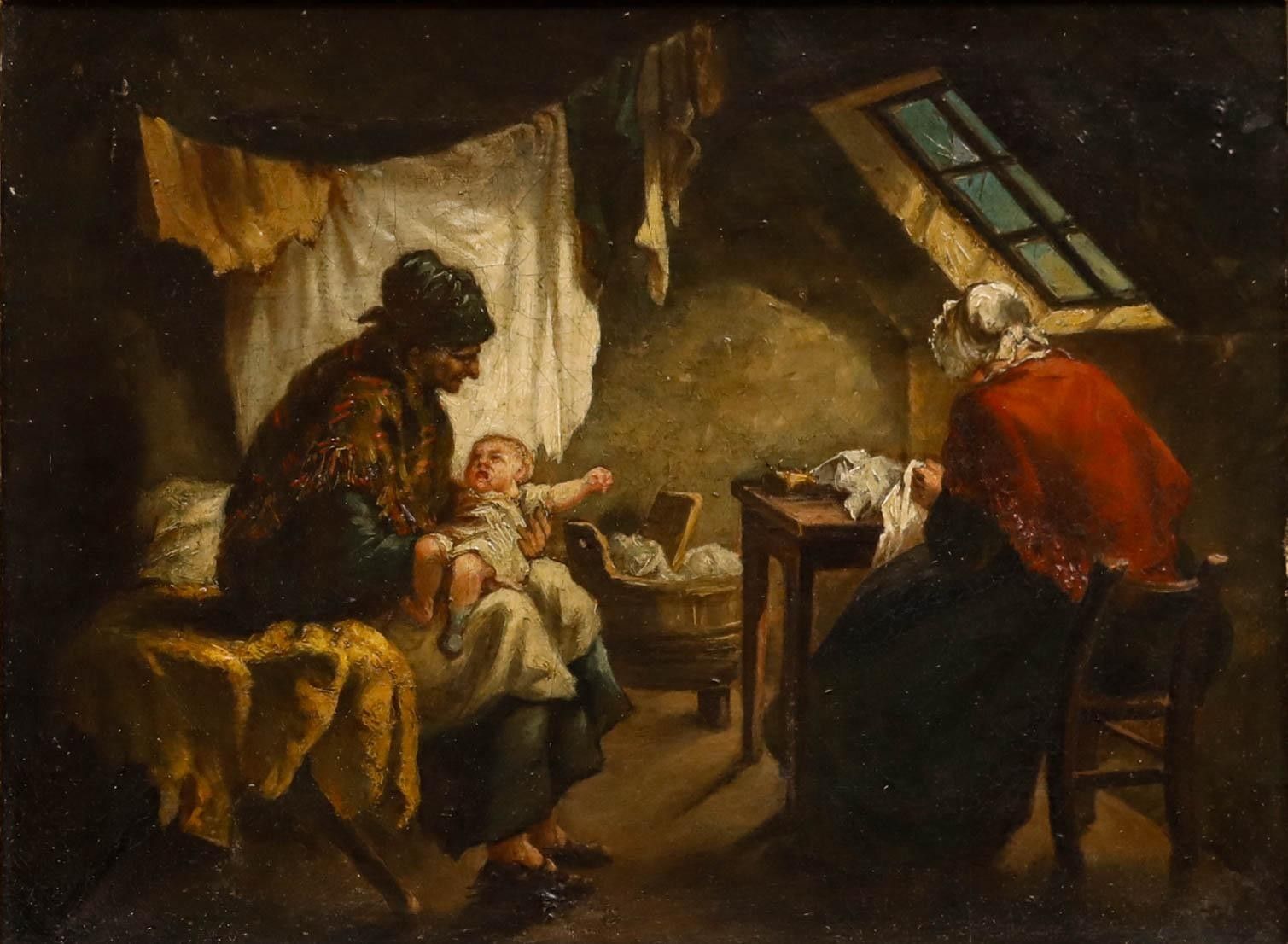 Framed 19th Century Oil Interior Scene With Women And Baby photo furniture
