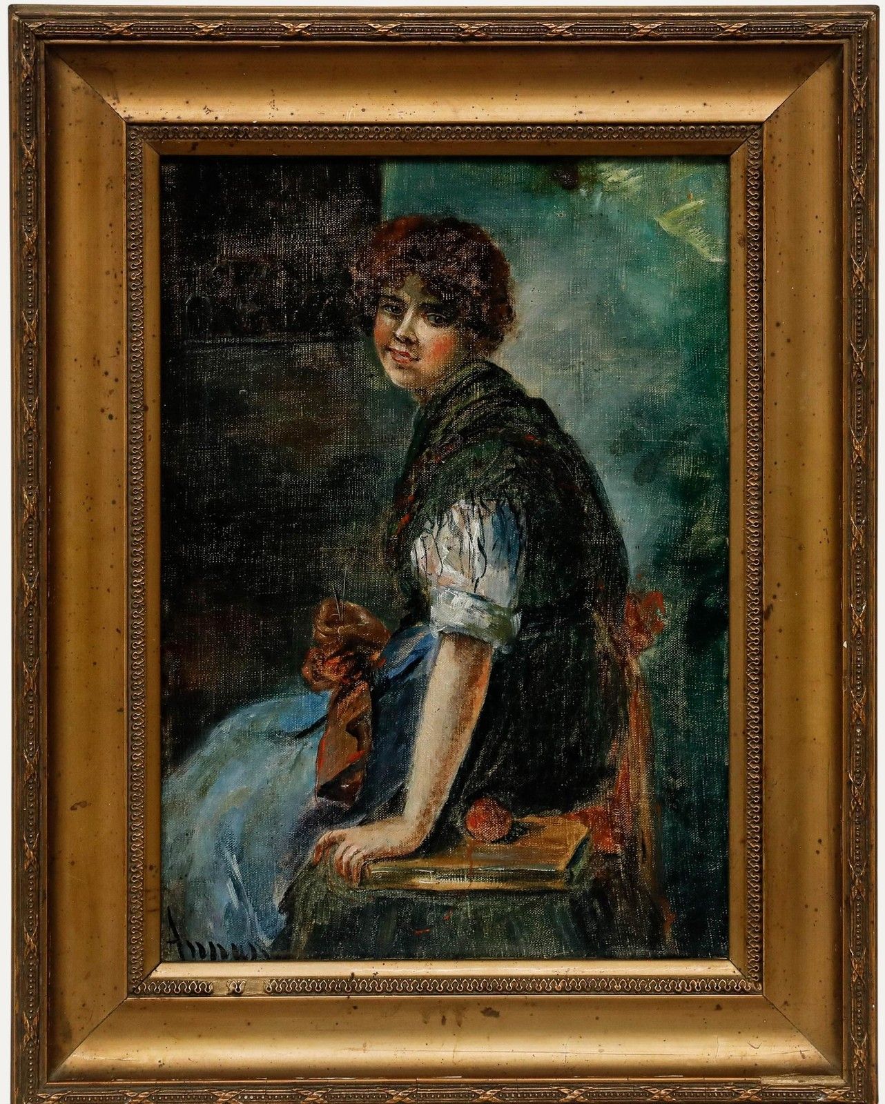 After Franz Wobring (1862 1939) Framed Early 20th Century Oil, Knitting