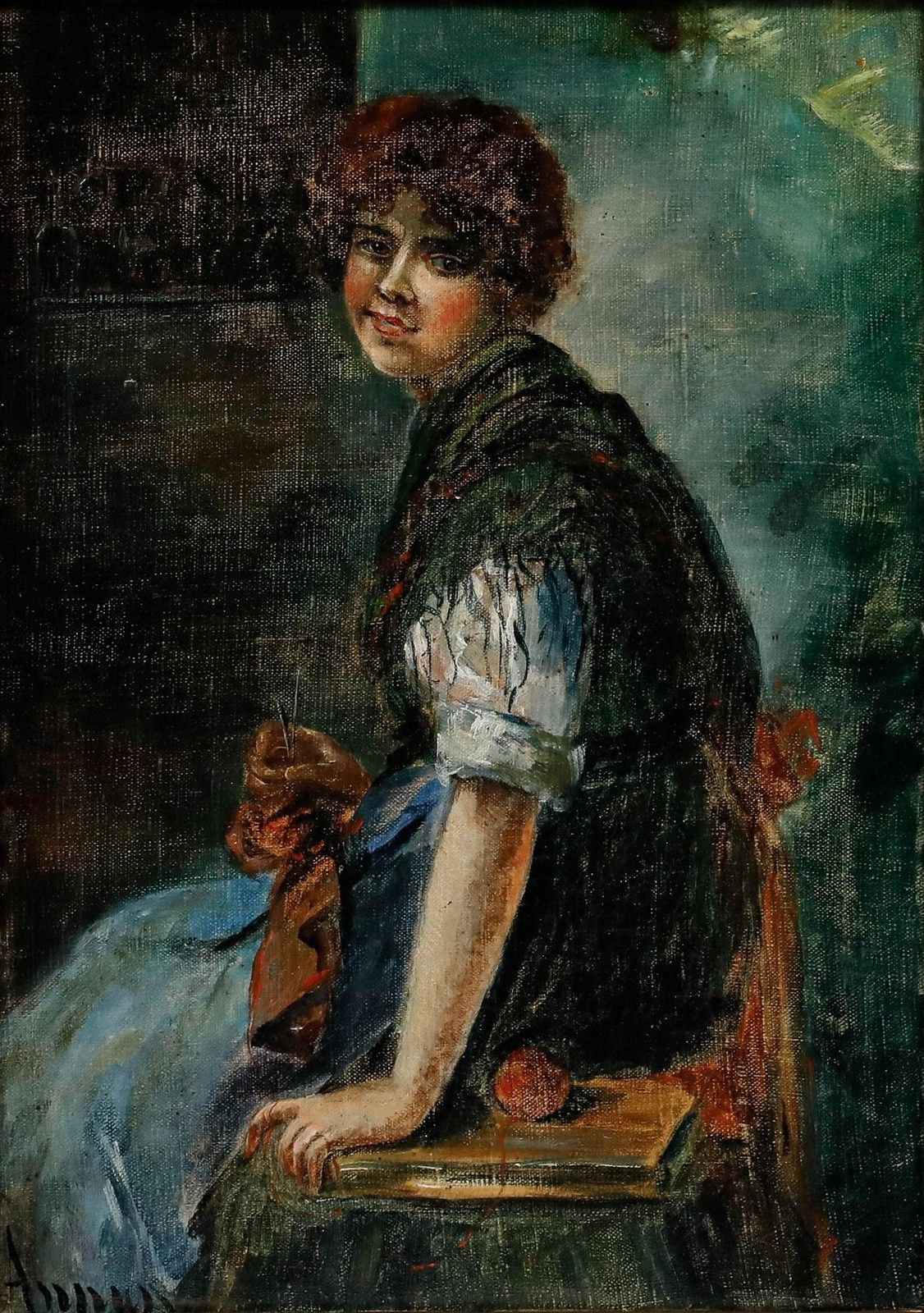 After Franz Wobring (1862 1939) Framed Early 20th Century Oil, Knitting photo furniture