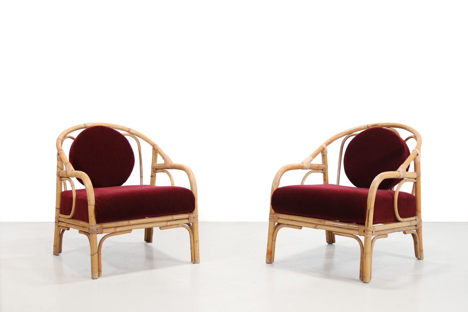 Set Of 2 Bamboo And Rattan Armchairs With Bordeaux Red Mohair photo furniture