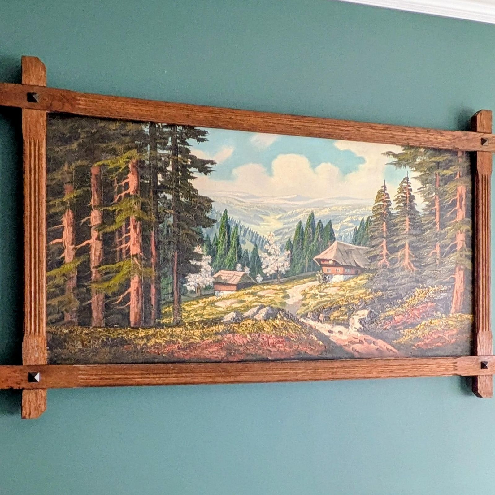 Vintage Large Alpine Landscape Oil Painting | Hand Painted Mountain Chalet Scene photo furniture