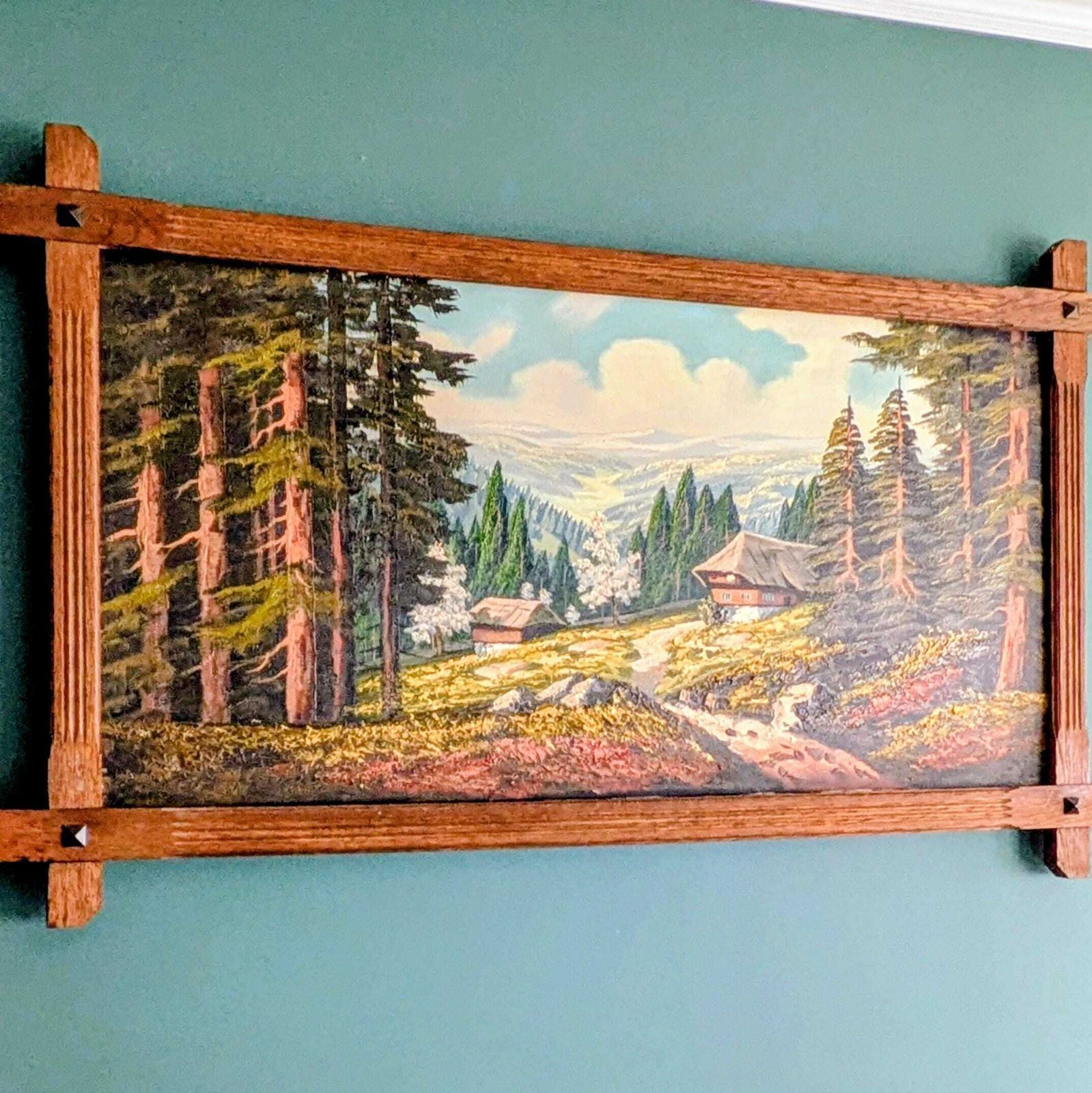 Vintage Large Alpine Landscape Oil Painting | Hand Painted Mountain Chalet Scene photo for sale