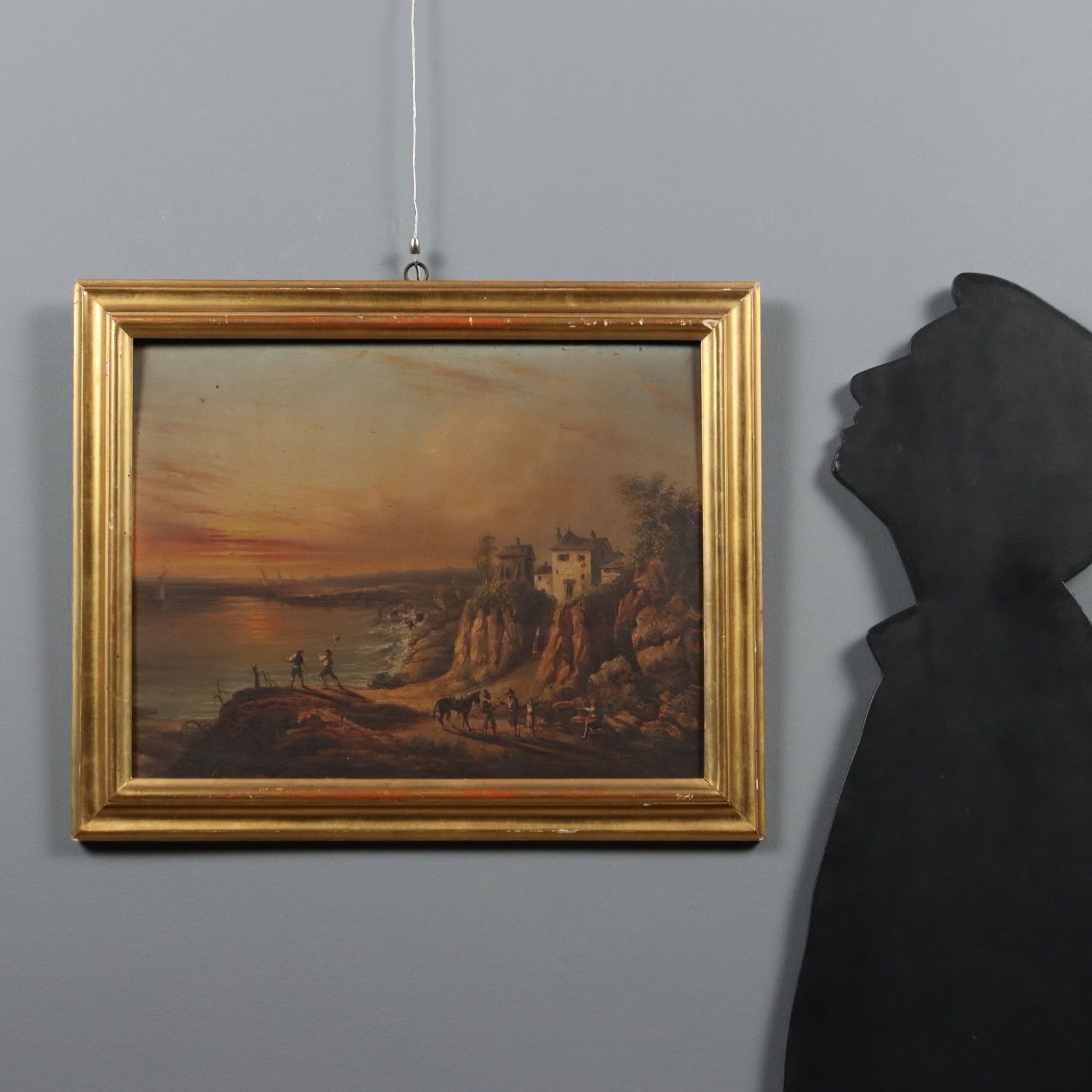 Antiek schilderij zonsondergang zeegezicht olieverf op paneel 19e eeuw photo furniture