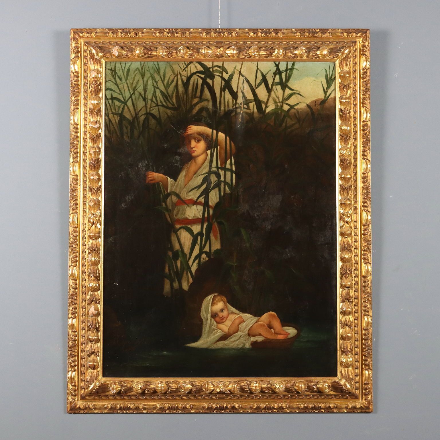 Antique Painting Moses Entrusted To The Waters Of The Nile XX Century