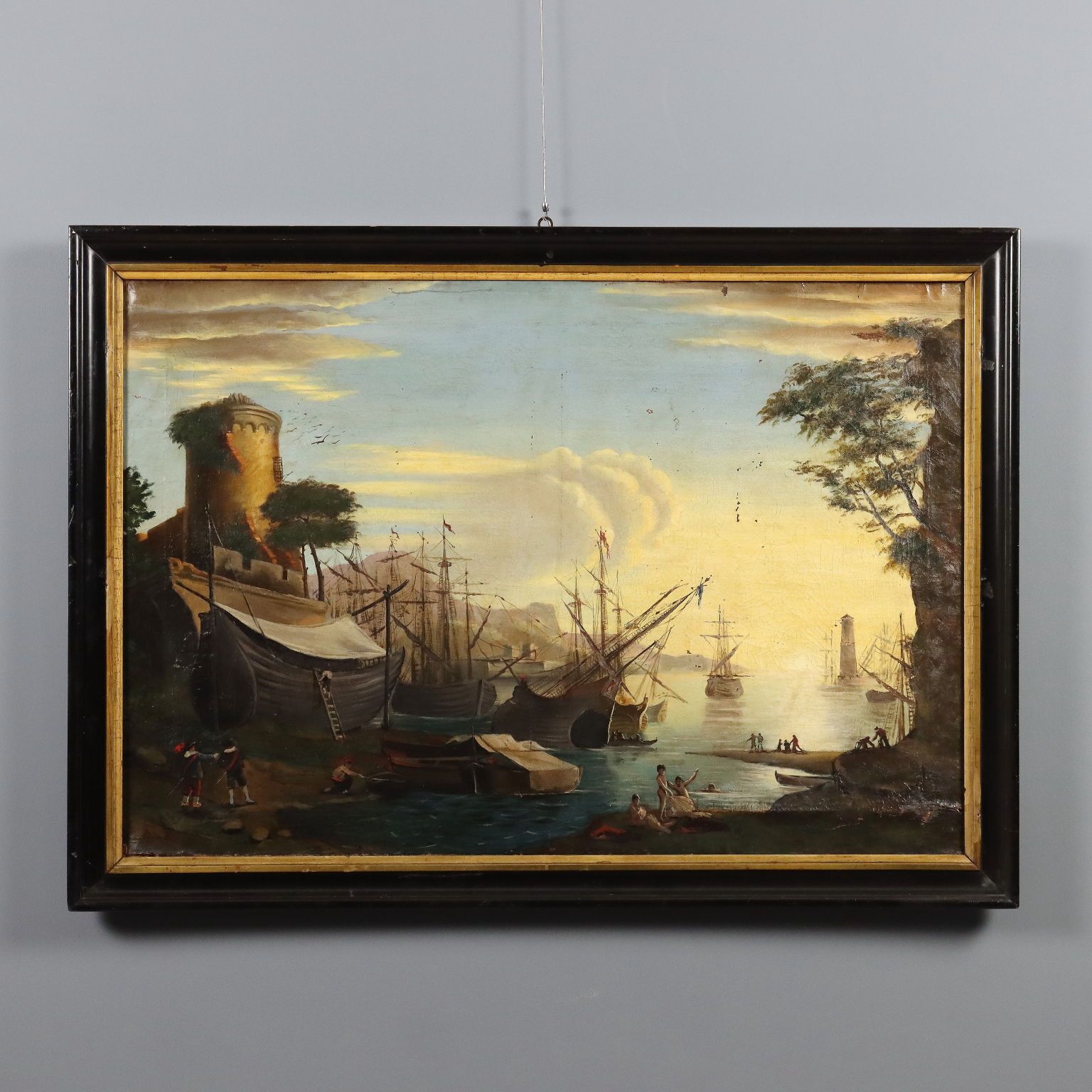 Tableau d'époque, vue depuis le port, huile sur toile, XVIIIe siècle