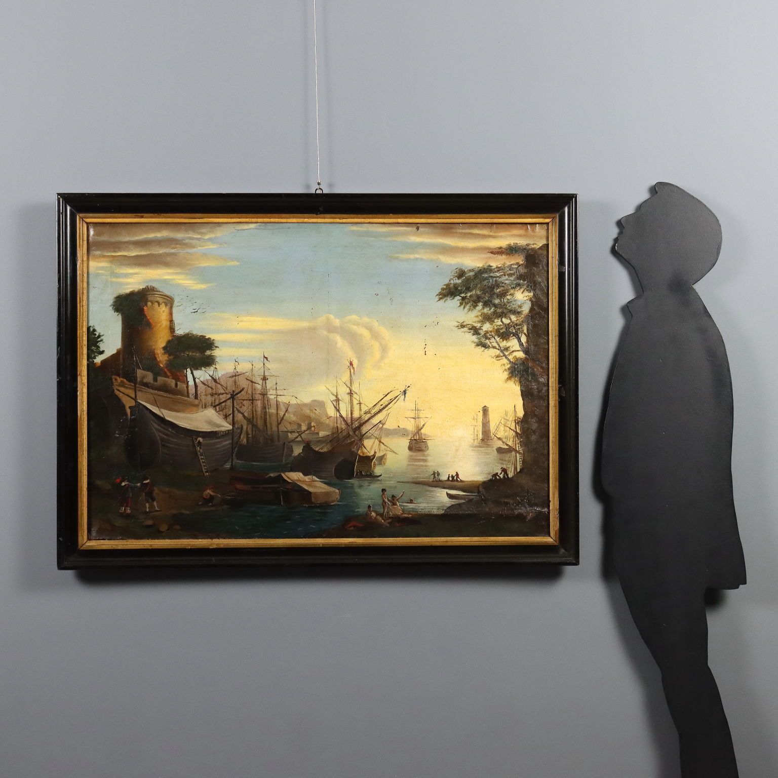 Tableau d'époque, vue depuis le port, huile sur toile, XVIIIe siècle photo furniture