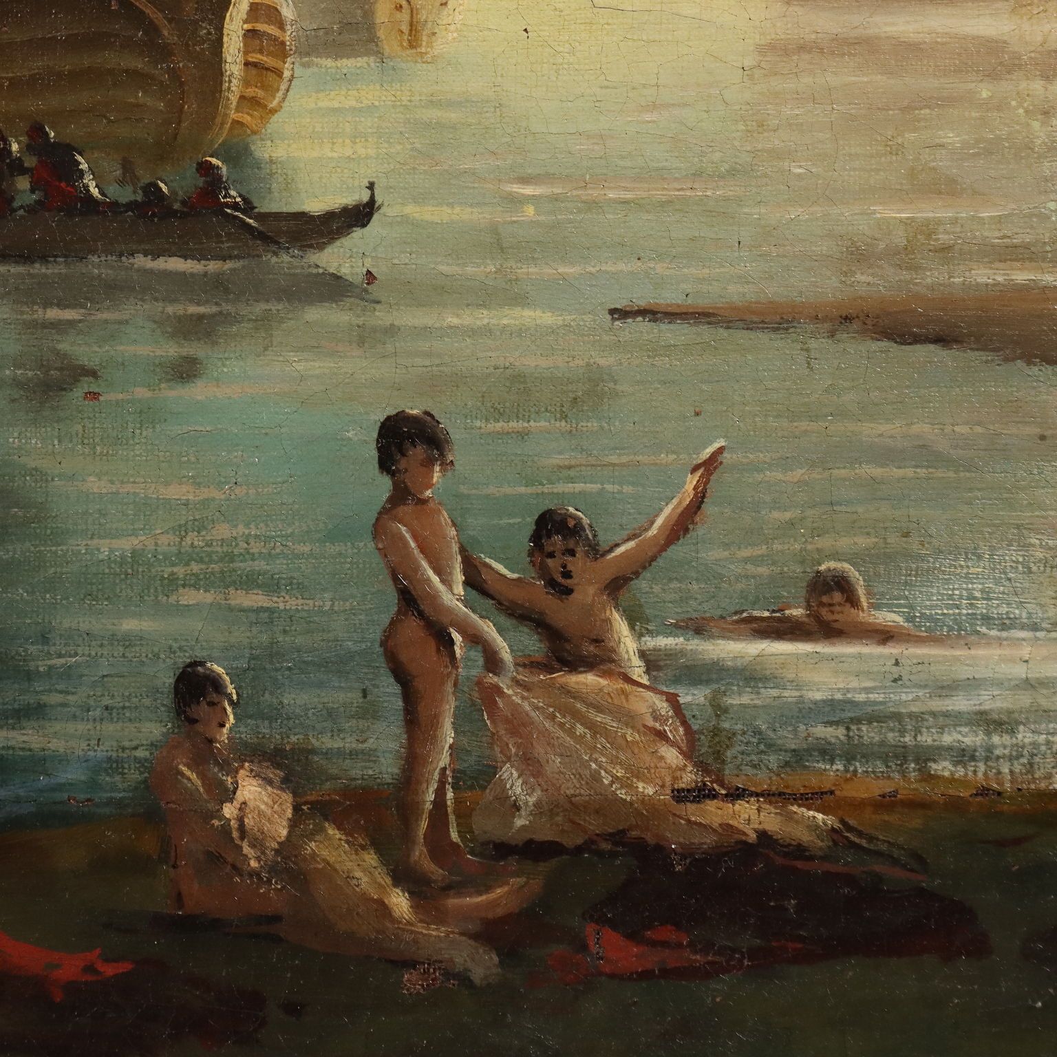 Tableau d'époque, vue depuis le port, huile sur toile, XVIIIe siècle photo vintage