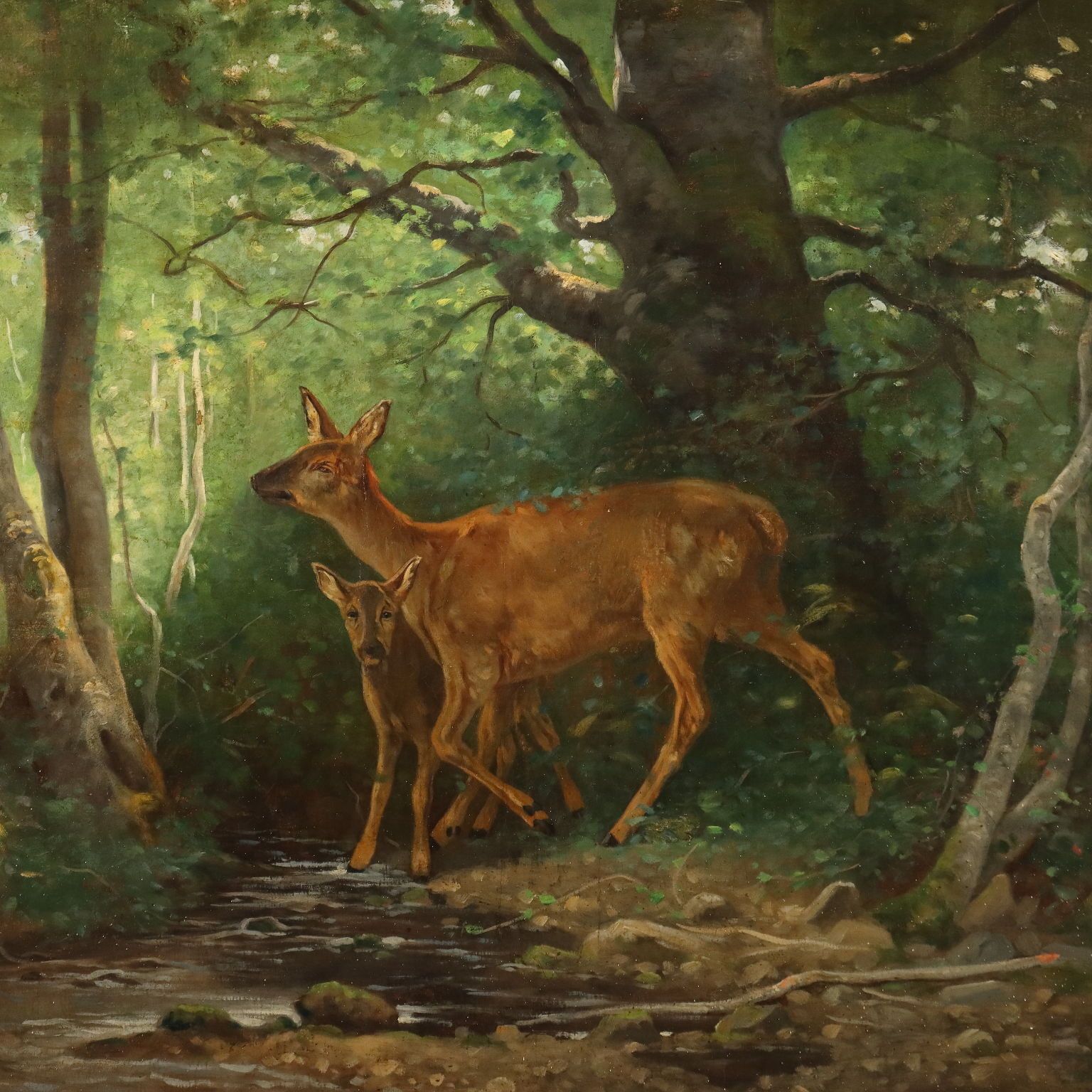 Tableau d'époque, cerf dans les bois, huile sur toile, France, XIXe siècle photo for sale