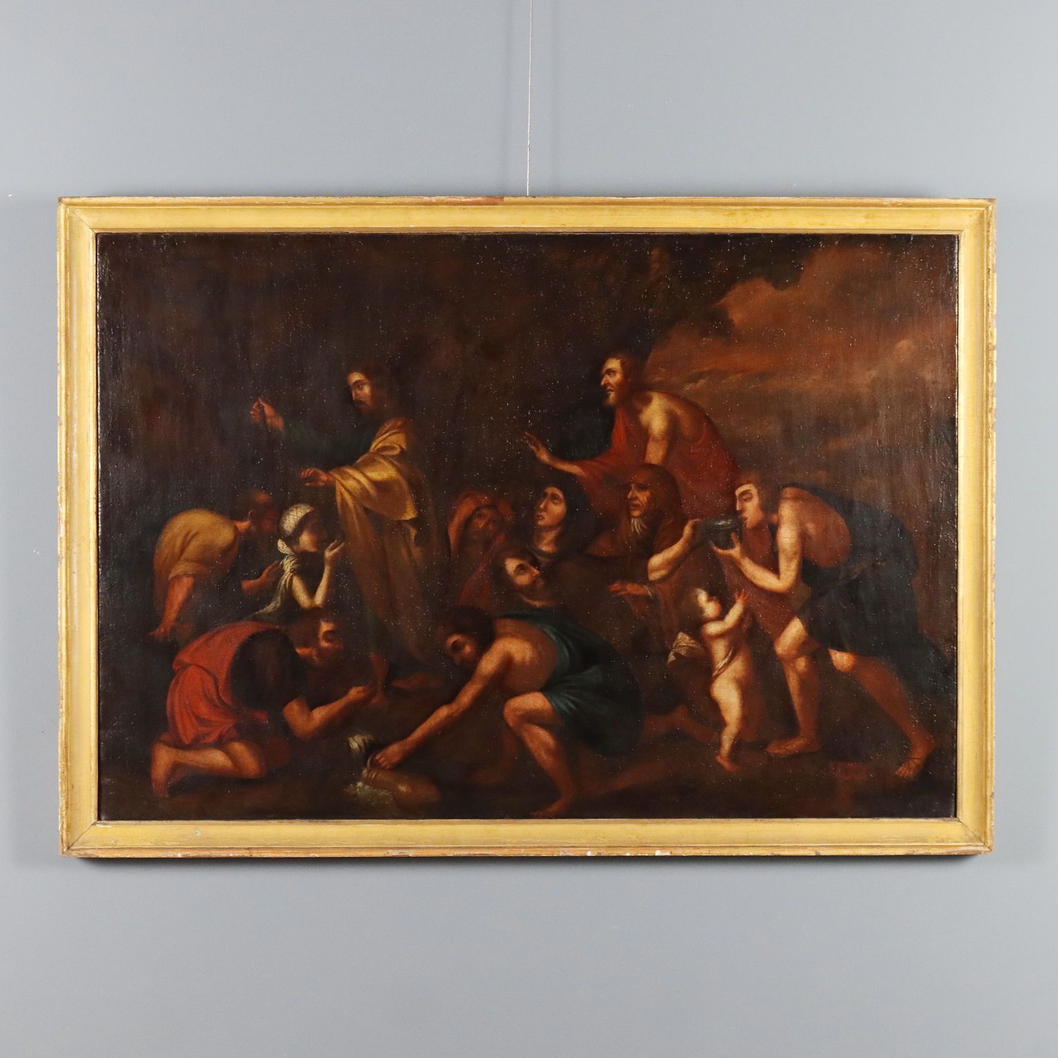 Antiek schilderij Mozes slaat water uit de rots, 17e eeuw