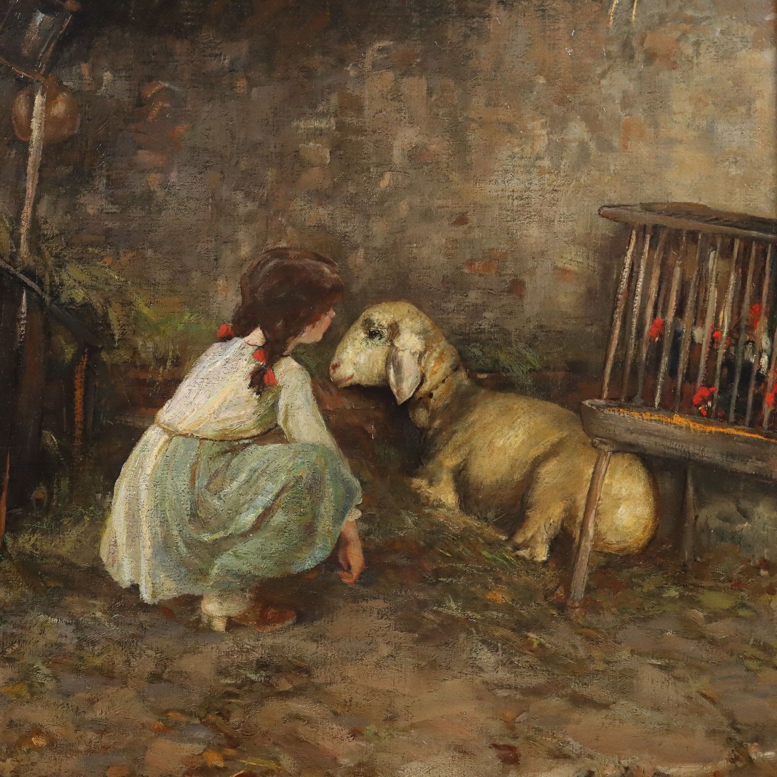 Modern Painting Signed Cesare Laurenti The Little Girl And The Sheep photo for sale