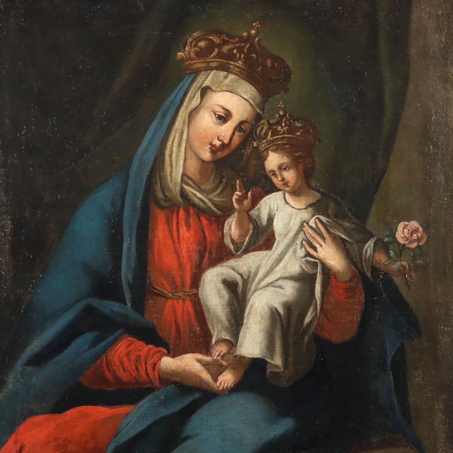 Antique Painting Virgin Mary And Child Oil On Canvas XVII Century photo for sale