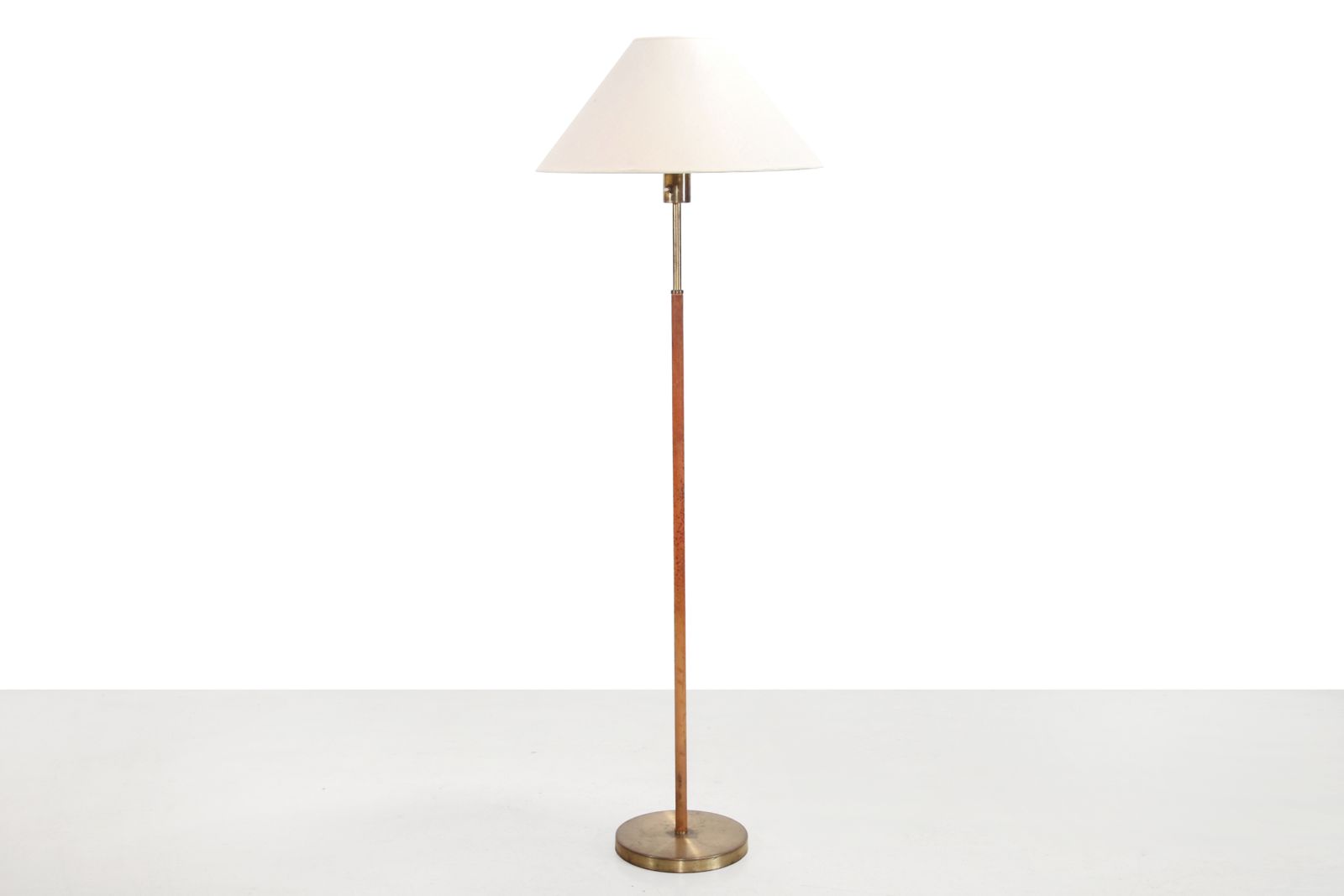 Paavo Tynell Style Floor Lamp In Brass And Leather With Linen Shade