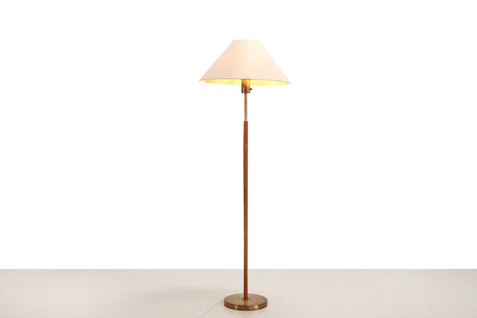 Paavo Tynell Style Floor Lamp In Brass And Leather With Linen Shade photo furniture