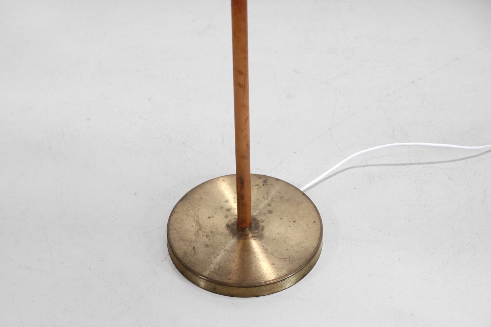 Paavo Tynell Style Floor Lamp In Brass And Leather With Linen Shade photo for sale