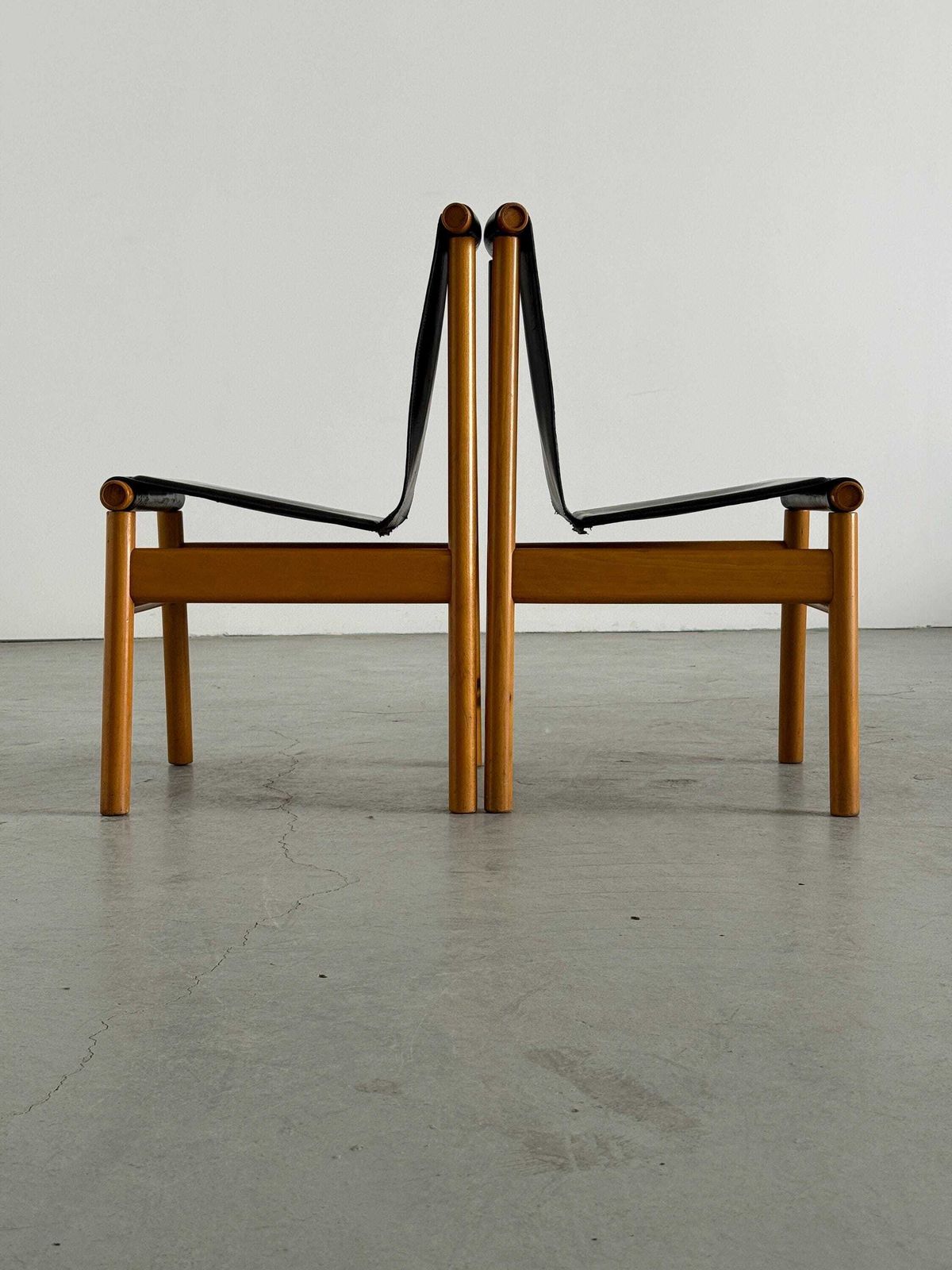 Pair Of Italian Sculptural Mid Century Modern Dining Chairs, Black Leather And Wood, Italy 1970s photo buy