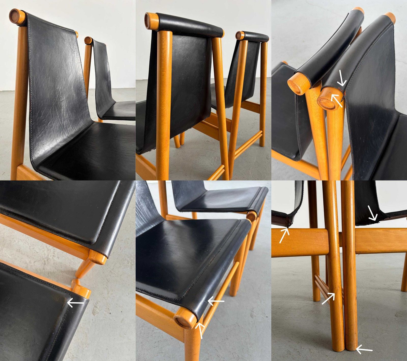 724.0 Pair Of Italian Sculptural Mid Century Modern Dining Chairs, Black Leather And Wood, Italy 1970s photo