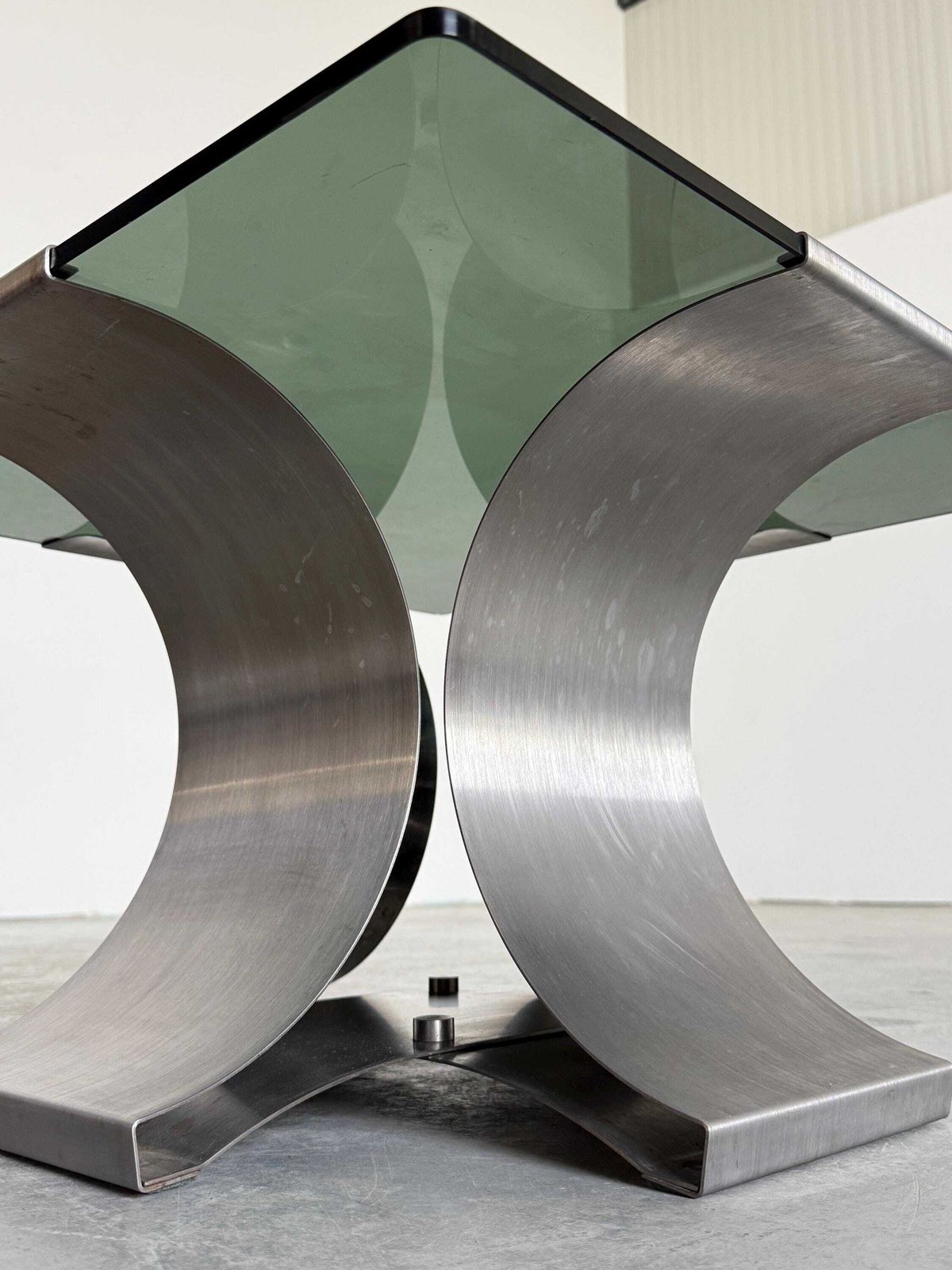 Vintage Coffee Table By Francois Monnet For Kappa, Curved Brushed Steel And Glass, 1970s France photo buy