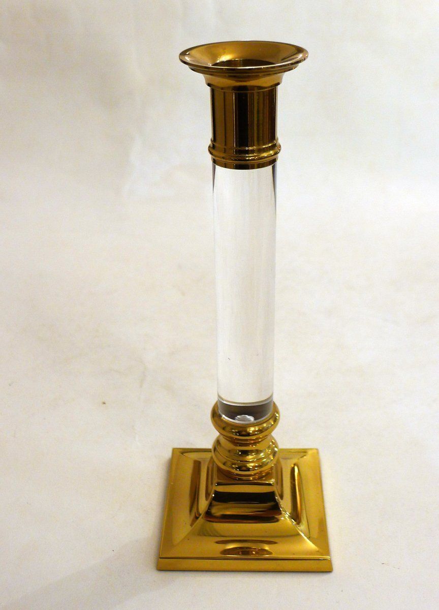 Vintage Column Candleholder In Gilded Brass And Transparent Acrylic Glass, 1970s photo vinterior