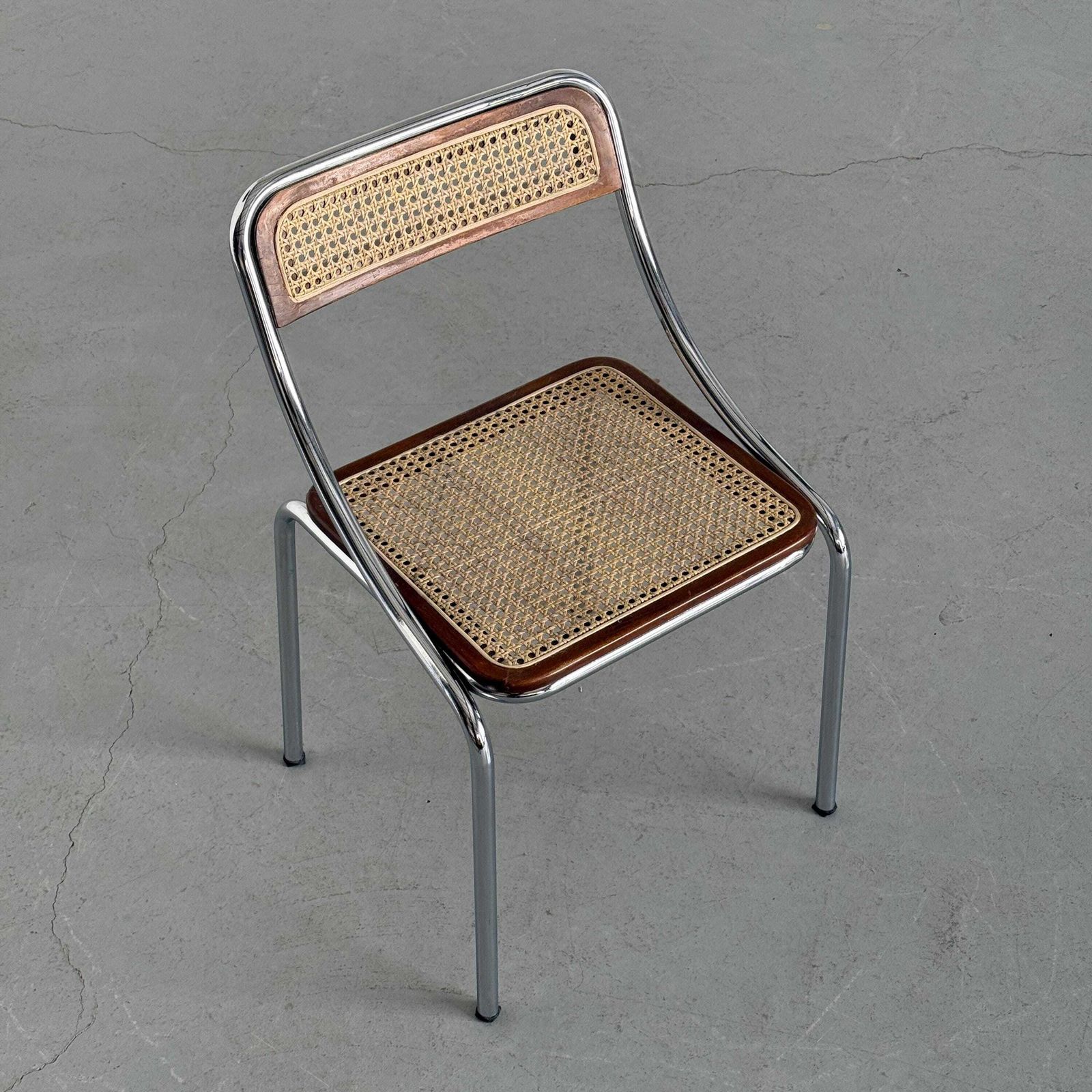 Dining Chair In Wood, Wickered Cane And Chrome, Mid Century Modern, 1970s Italy photo for sale