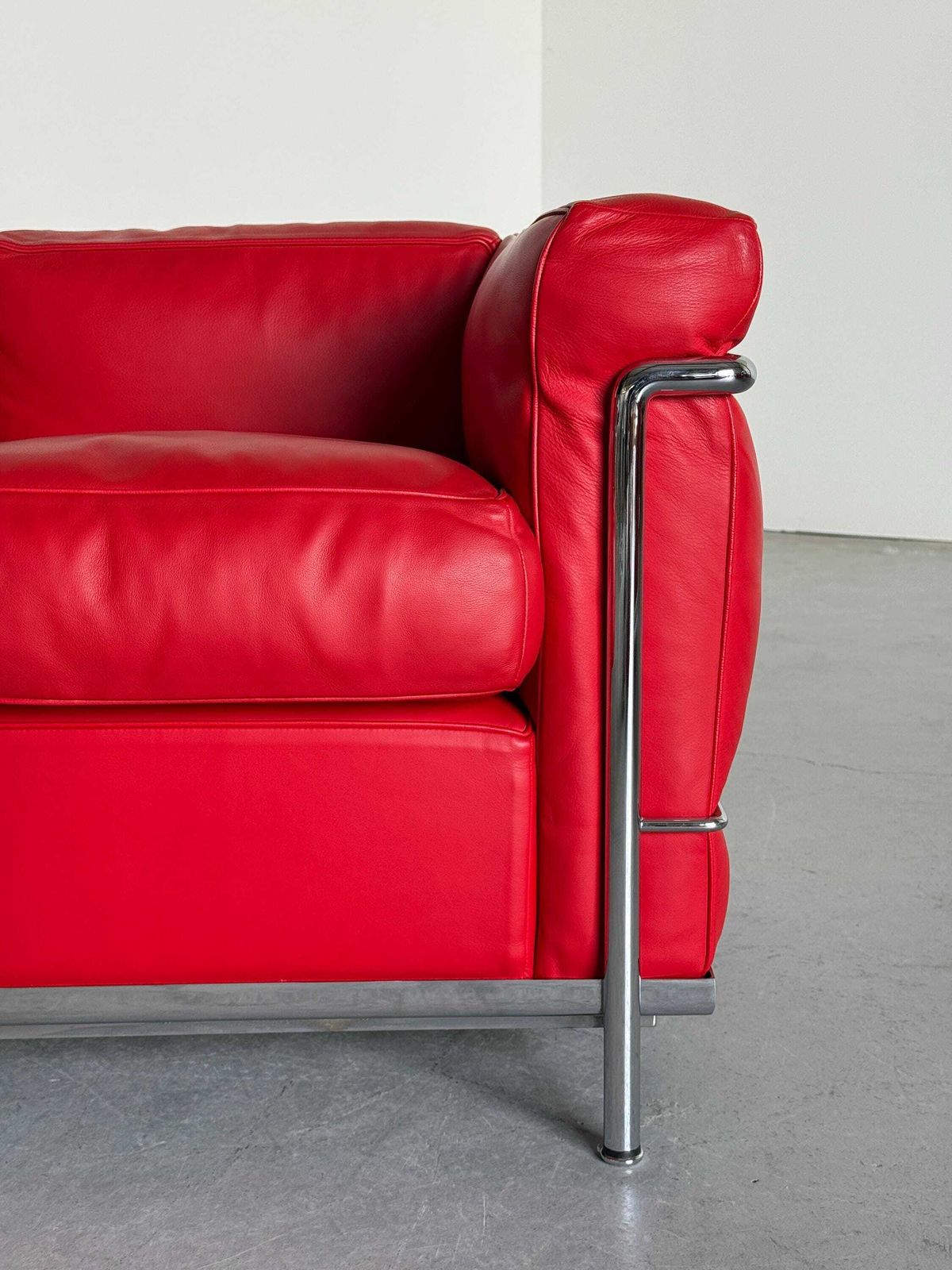 Furniture Iconic ‘Lc2’ Two Seater Sofa By Le Corbusier, Charlotte Perriand And Pierre Jeanneret For Cassina, Red Leather & Chromed Steel photo