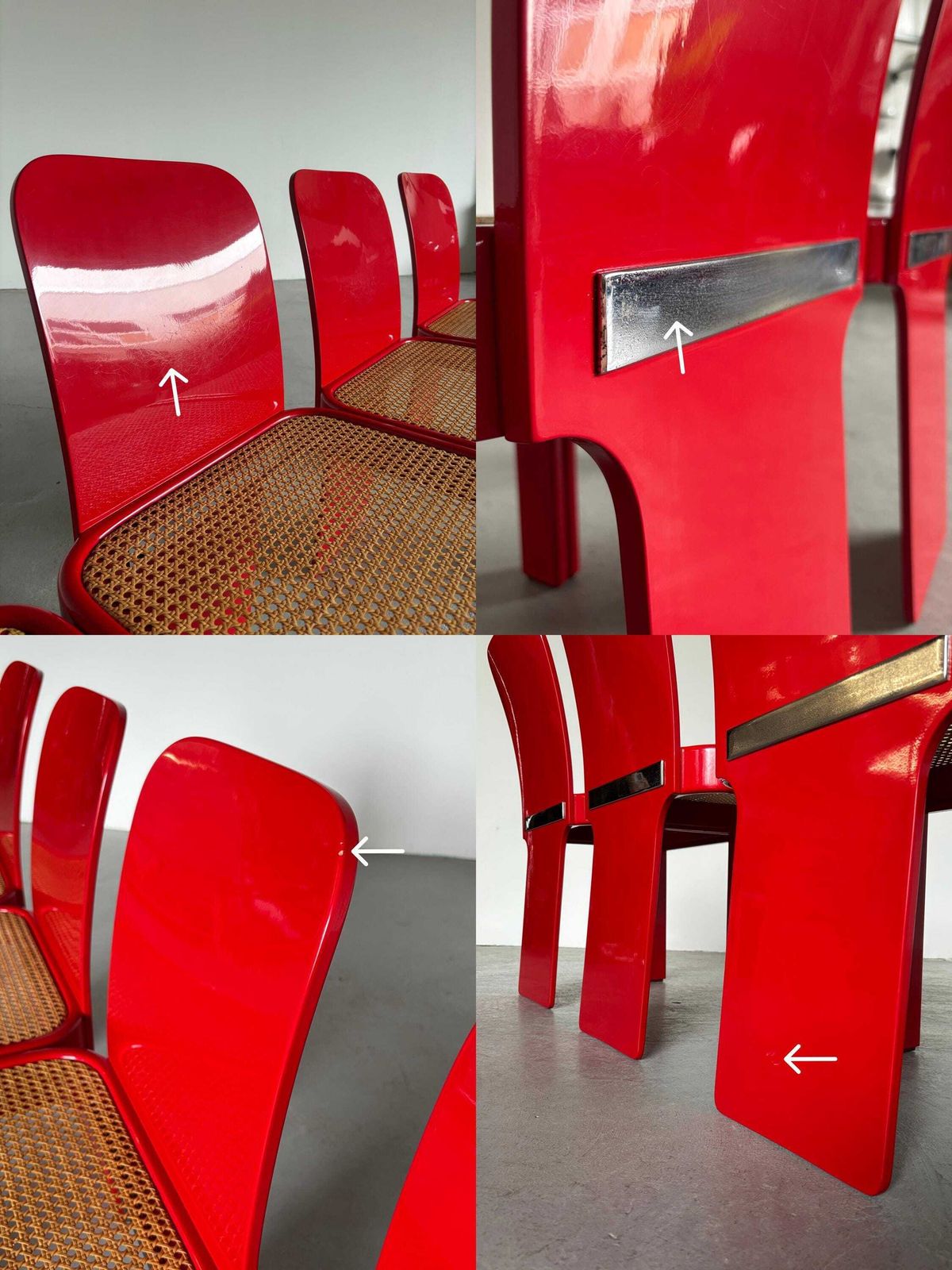 Furniture Set Of 4 Elegant Italian Mid Century Chairs By Pierluigi Molinari For Pozzi Milano, Red Lacquered Wood And Cane, 1970s photo