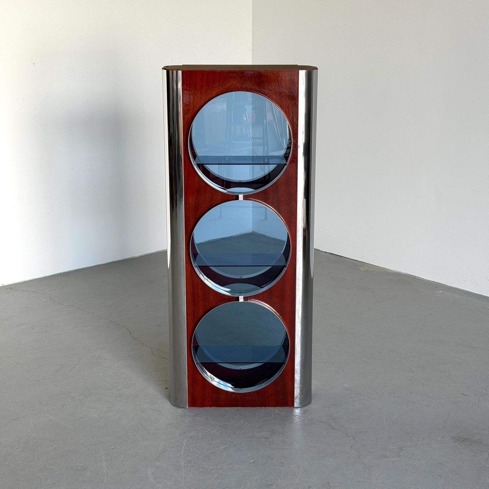 Italian Mid Century Showcase Bar Attributed To Willy Rizzo In Chrome, Blue Smoked Glass And Mahogany Veneer, 1980s photo for sale