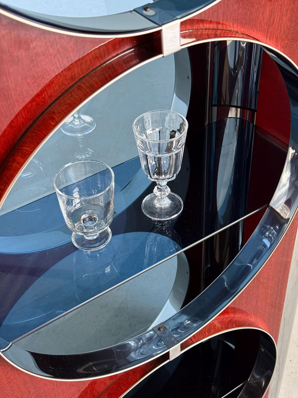Italian Mid Century Showcase Bar Attributed To Willy Rizzo In Chrome, Blue Smoked Glass And Mahogany Veneer, 1980s photo buy