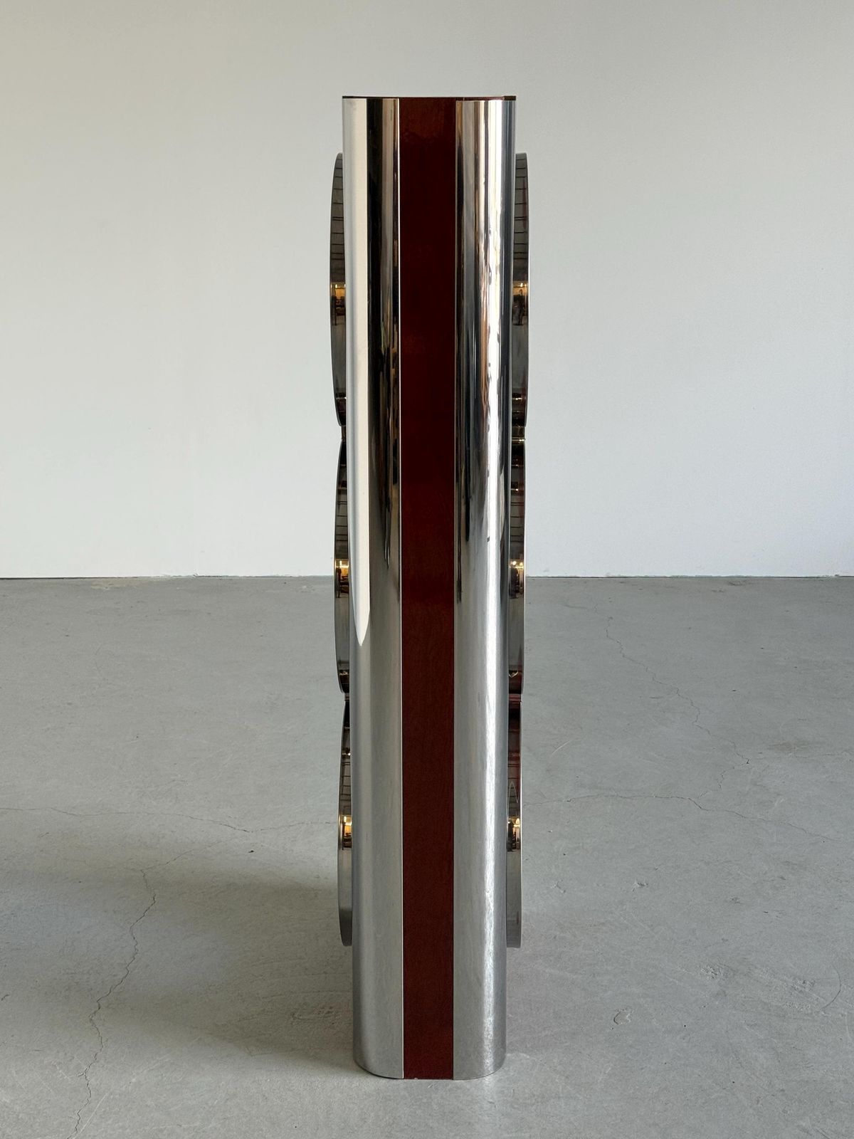 photo furniture Italian Mid Century Showcase Bar Attributed To Willy Rizzo In Chrome, Blue Smoked Glass And Mahogany Veneer, 1980s