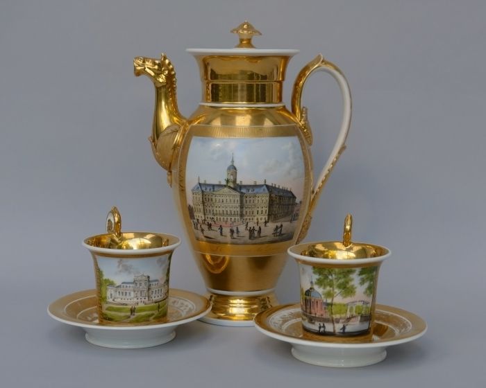 Empire Coffee Pot And Two Cups And Saucers With Views Of Amsterdam, Haarlem And Rotterdam photo vintage