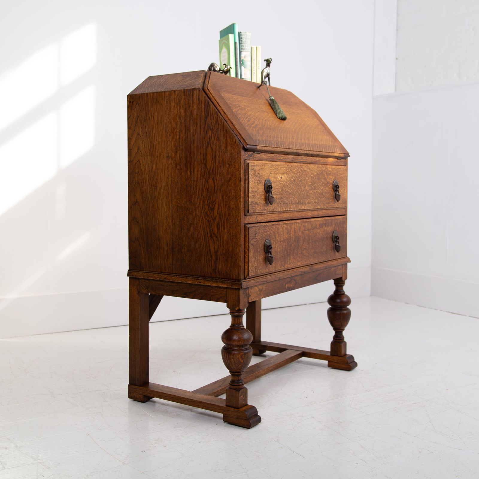 Handsome English Oak 2 Drawer Bureau Desk C1920 photo for sale