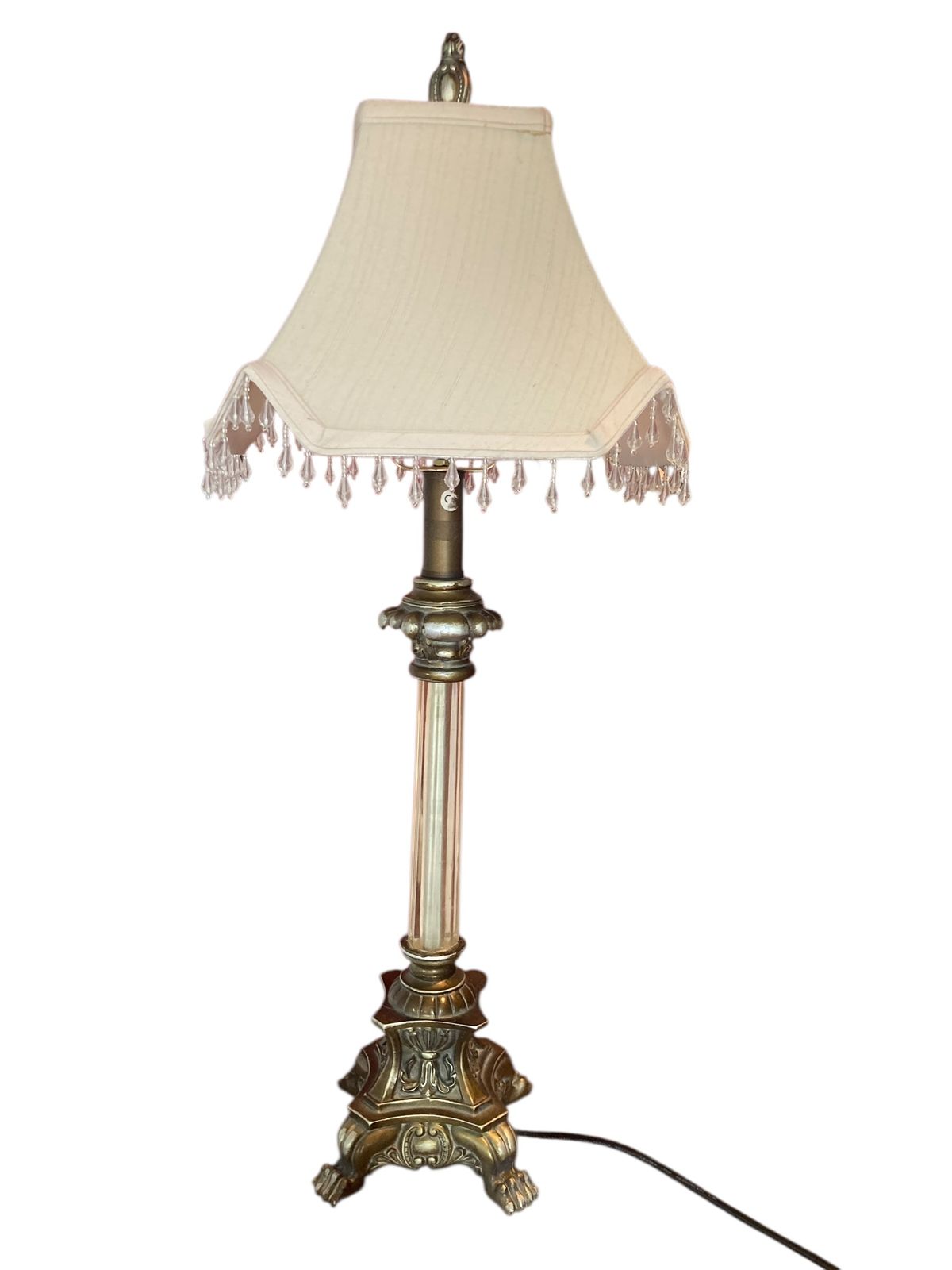 Pair Of Regency Style Table Lamps Neoclassical Bases Paw Feet Cream Fabric Shades With Beaded Fringe photo furniture