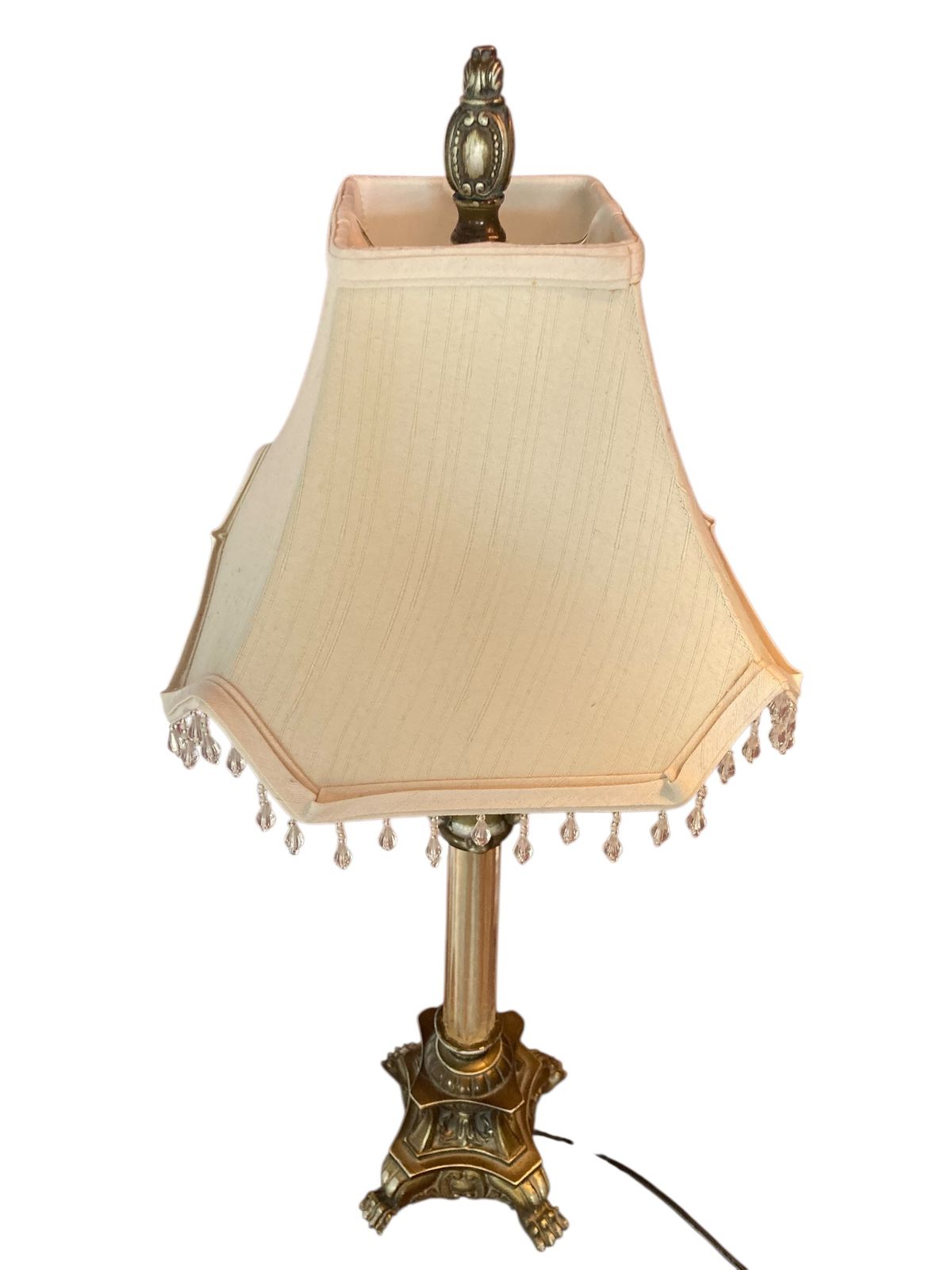 Pair Of Regency Style Table Lamps Neoclassical Bases Paw Feet Cream Fabric Shades With Beaded Fringe photo vinterior