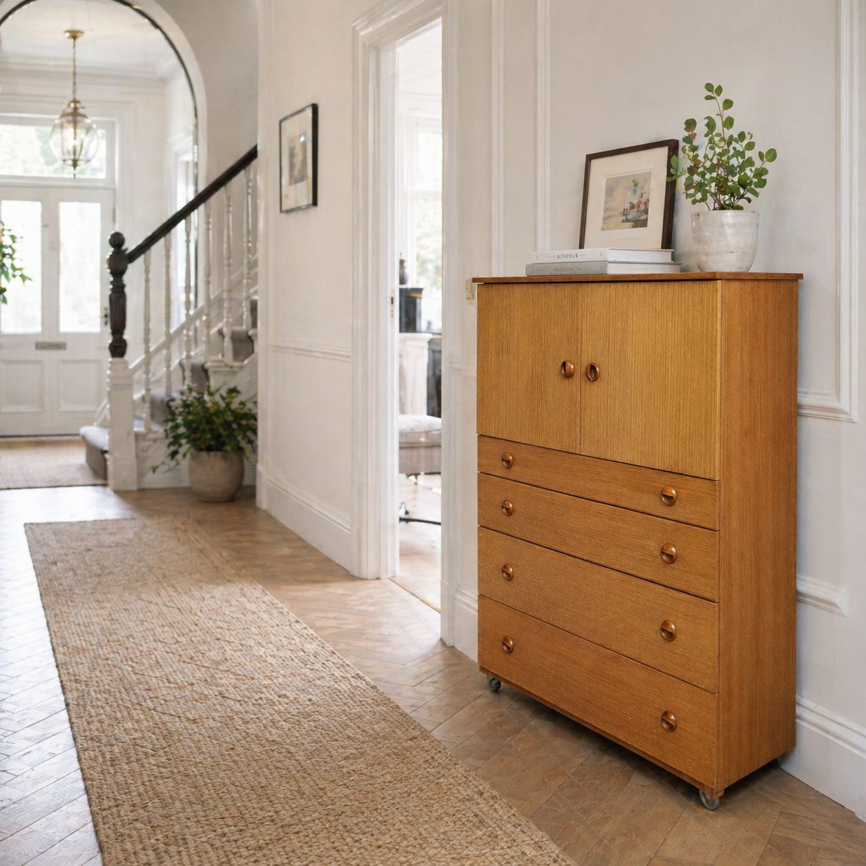Restored Vintage Schreiber Mid Century Tallboy / Linen Press – Teak Veneer Storage