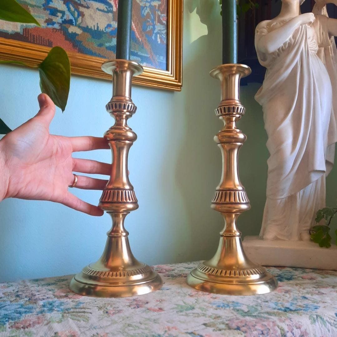 Tall And Chunky Antique Victorian Brass Candle Holders Pair 1800s H 12.2''