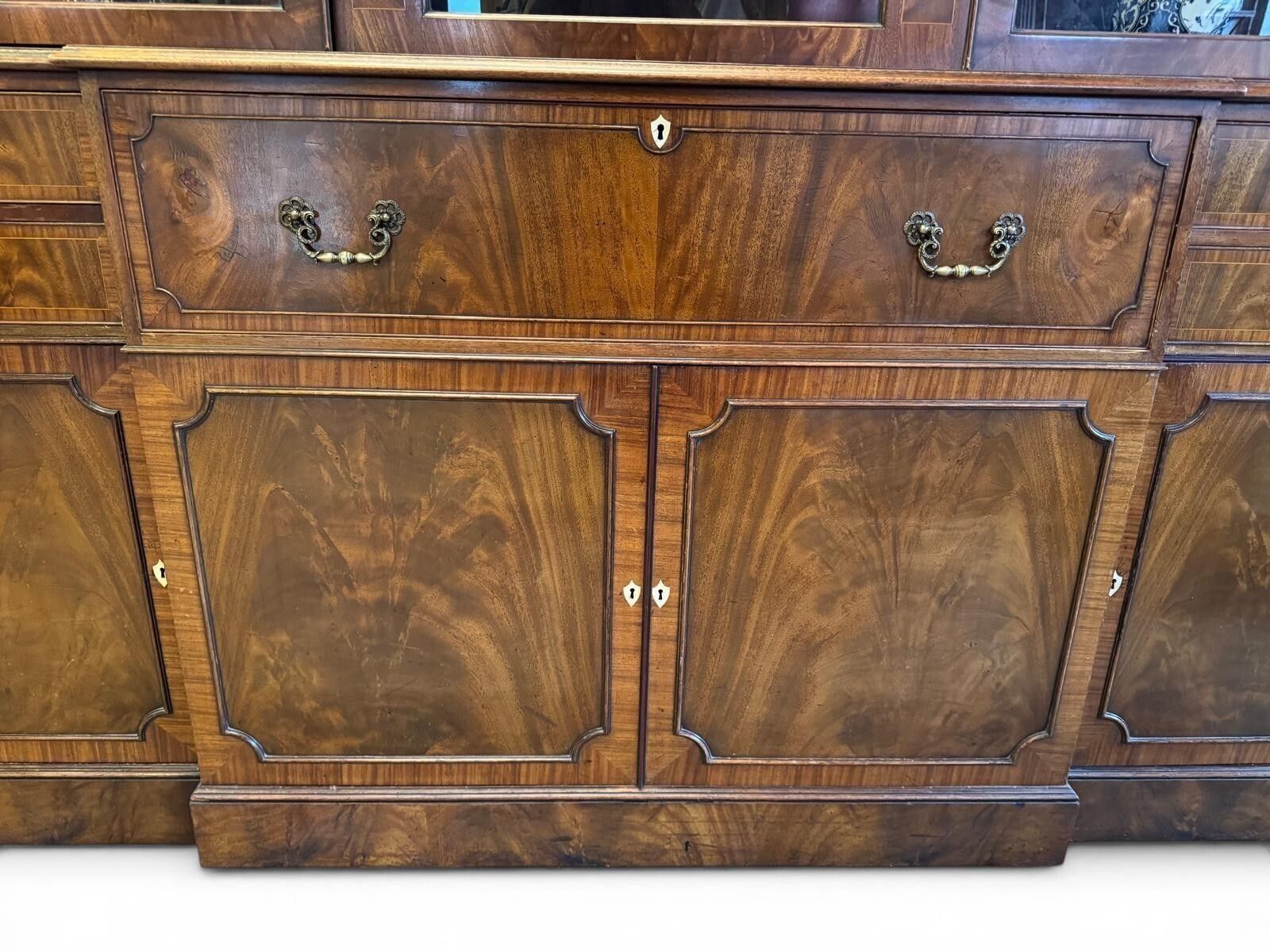 photo buy Monumental Pair Of Walnut Inlaid Secretaire Bookcases Circa 1950