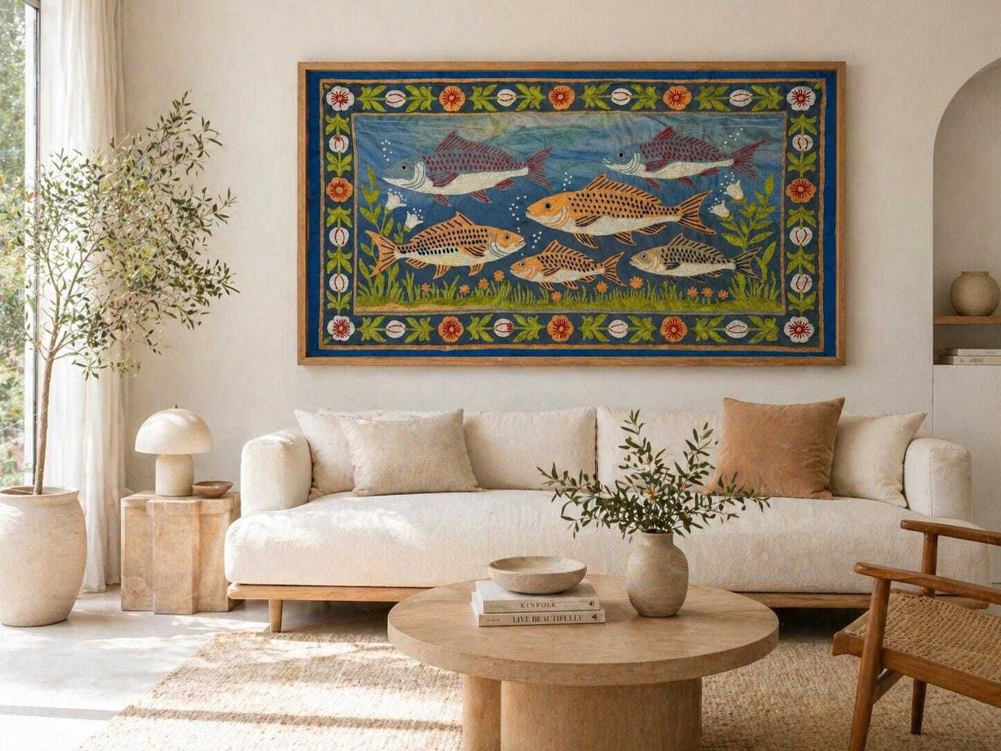 Vintage Hand Embroidered Cotton Textile Wall Hanging: Fish Motif Silk Thread Art photo furniture